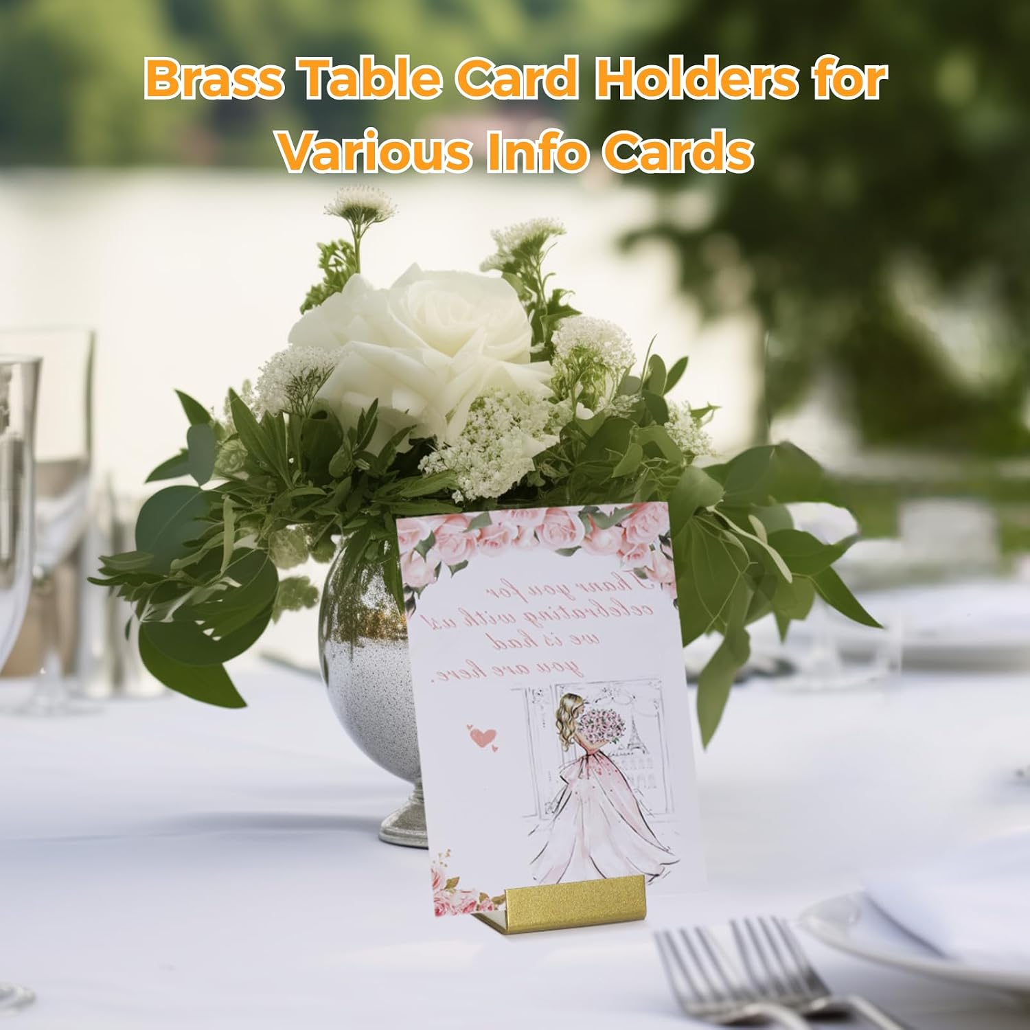 OMISTAR 24 PCS Brass Place Card Holders - Gold Brass Stainless Mini Table Numbers Holders, L-Shape Card Display Stands for Table Price Tags, Food Signs, Weddings, Restaurants