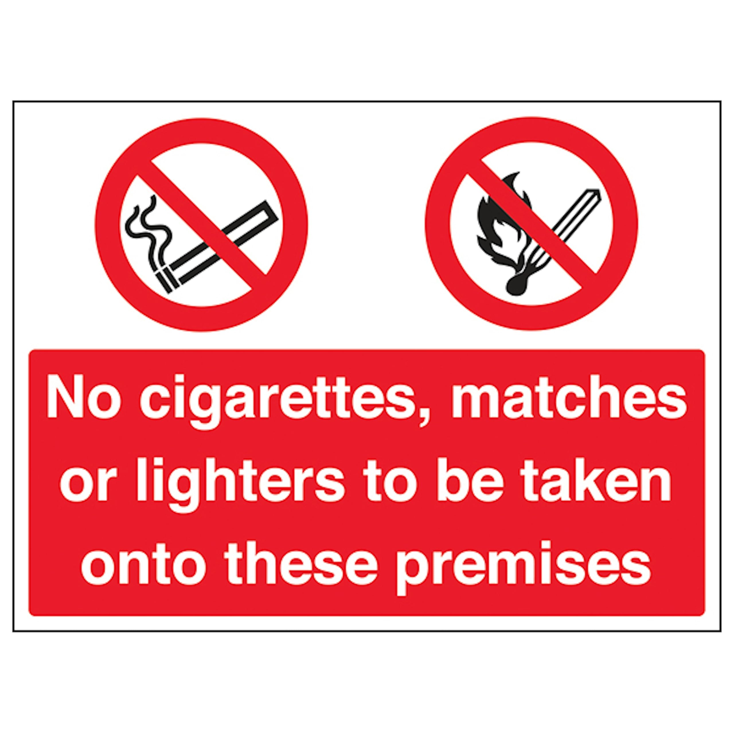 V Safety No Cigarettes/Matches/Lighters On Premises 400 x 300 mm - 3mm Aluminium Composite Safety Sign