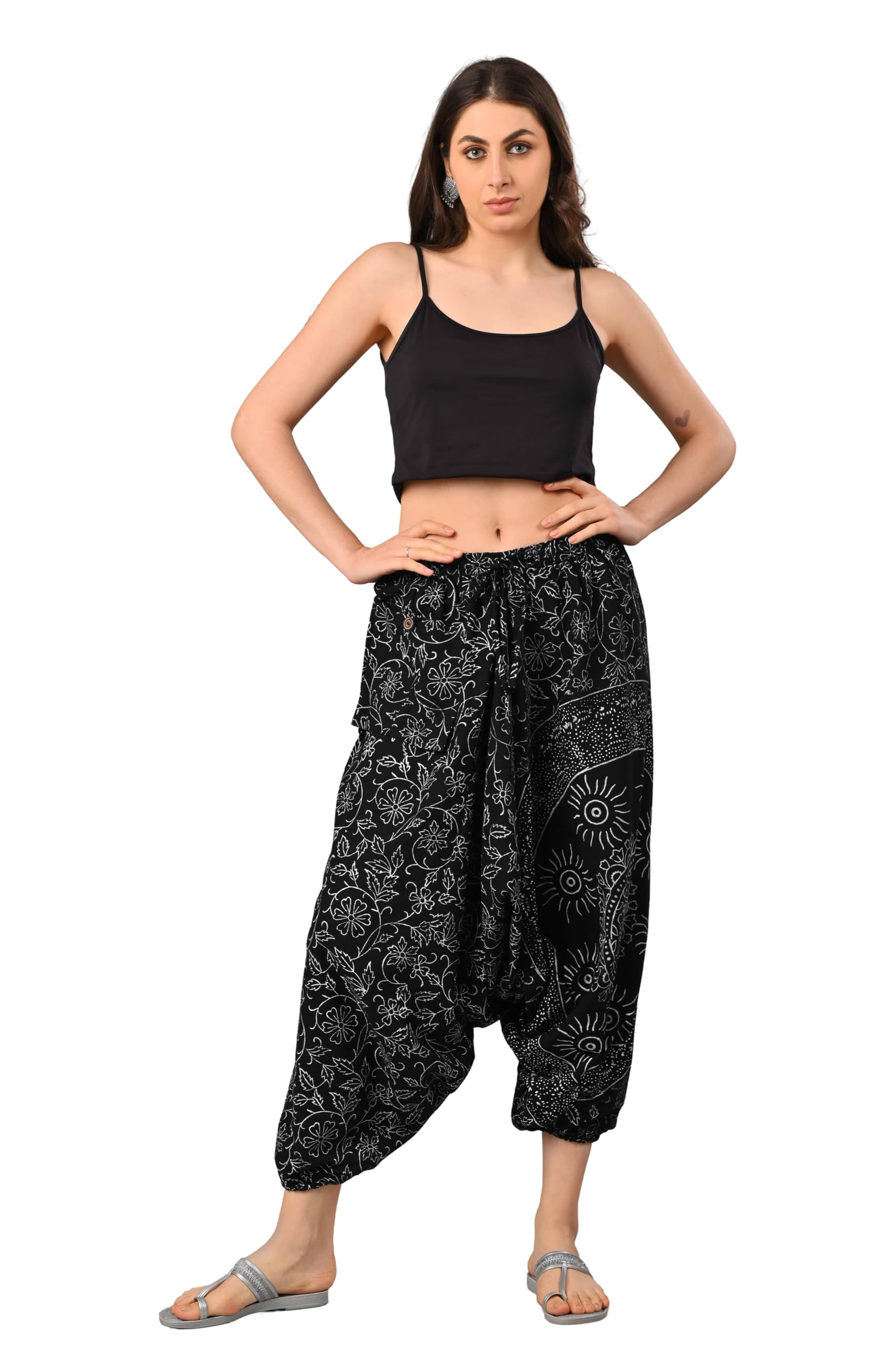 negen Cotton Printed Harem Pants for Men's/Womens' Cotton Hippie Style Baggy Boho Yoga Pajama Pant with Pocket- Black Stylish Loose Fit Harem Pant (Free Size)(Black::White)-picture-29