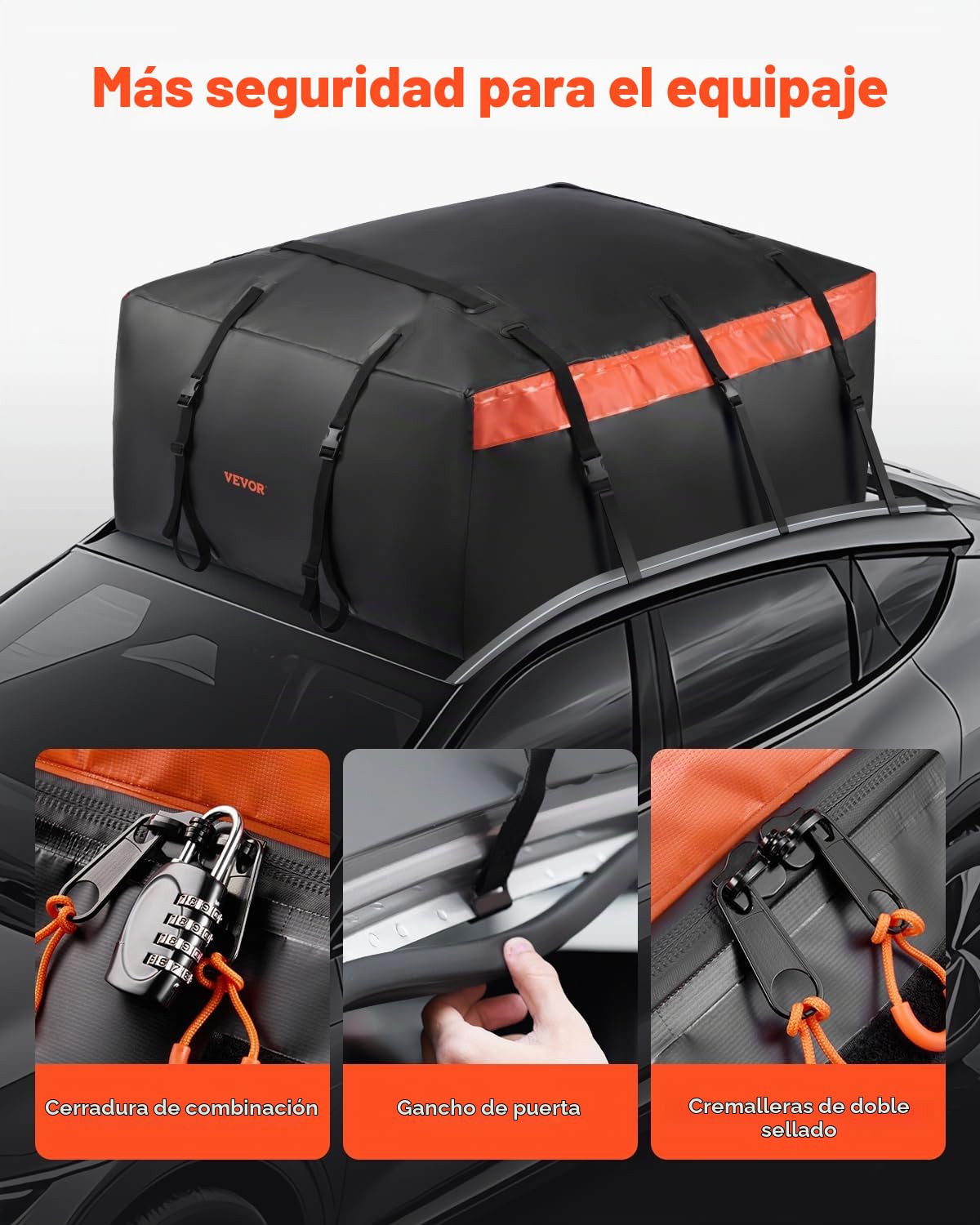 VEVOR Bolsa de Carga para Techo de Automóvil, 20 Pies Cúbicos, Resistente, 840D PVC, 100% Impermeable, para Todos los Vehículos, con Cerradura, Tapete Antideslizante, 120 x 89 x 53,5 cm, Negro