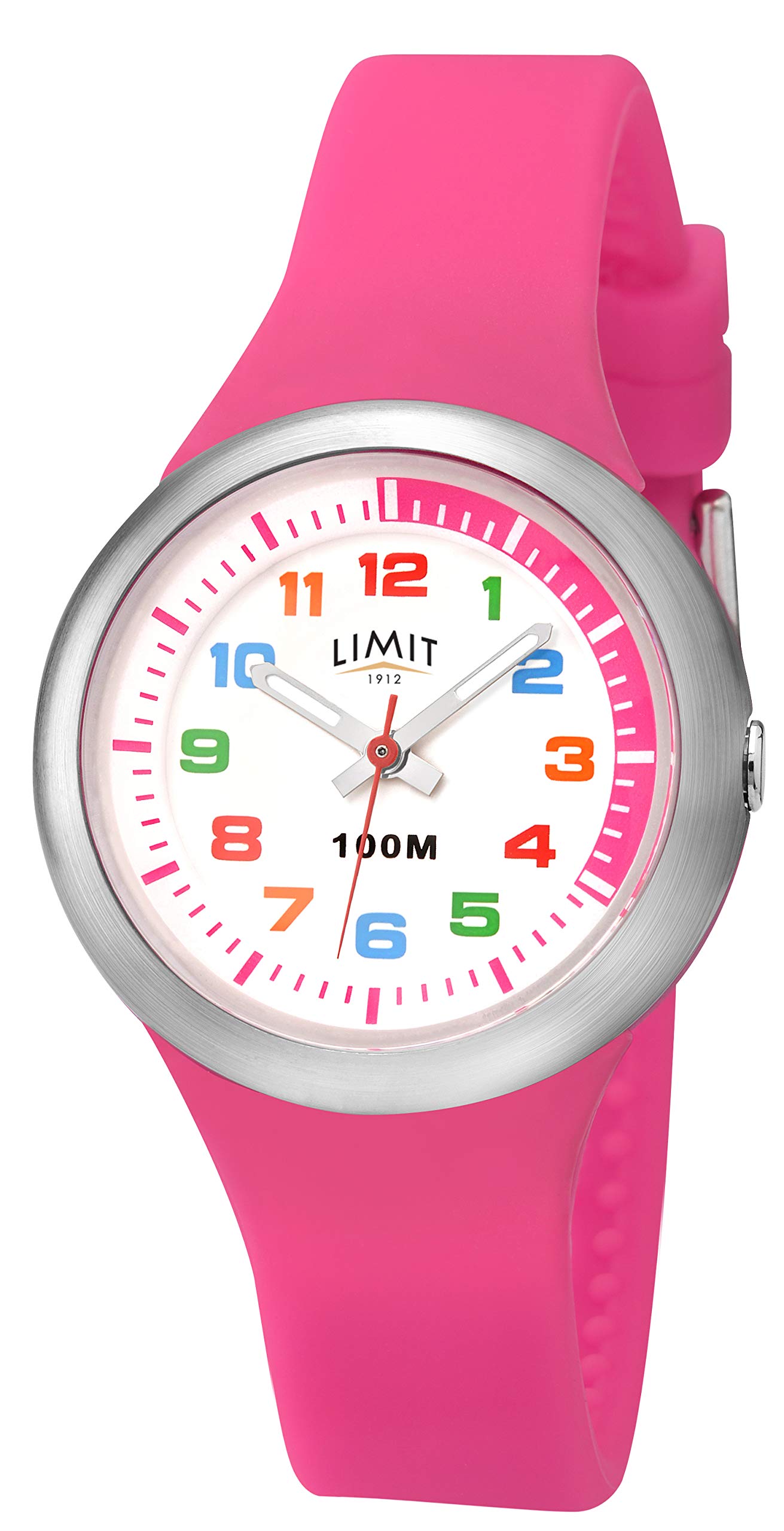 Limit Girls Analogue Watch. 100M Water Resistant, Durable Strap. White Dial, Pink Silicone Strap