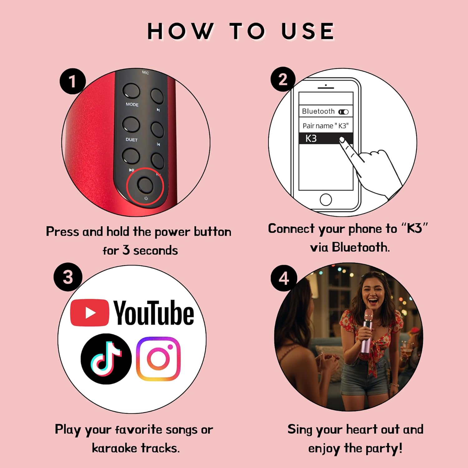 Bluetooth 5.3 Wireless Karaoke Microphone, Portable Handheld Mic with 10W Speakers, Clear Vocals & Echo, Home Party Karaoke Machine, Gift for Teens & Women (Red) (Red)