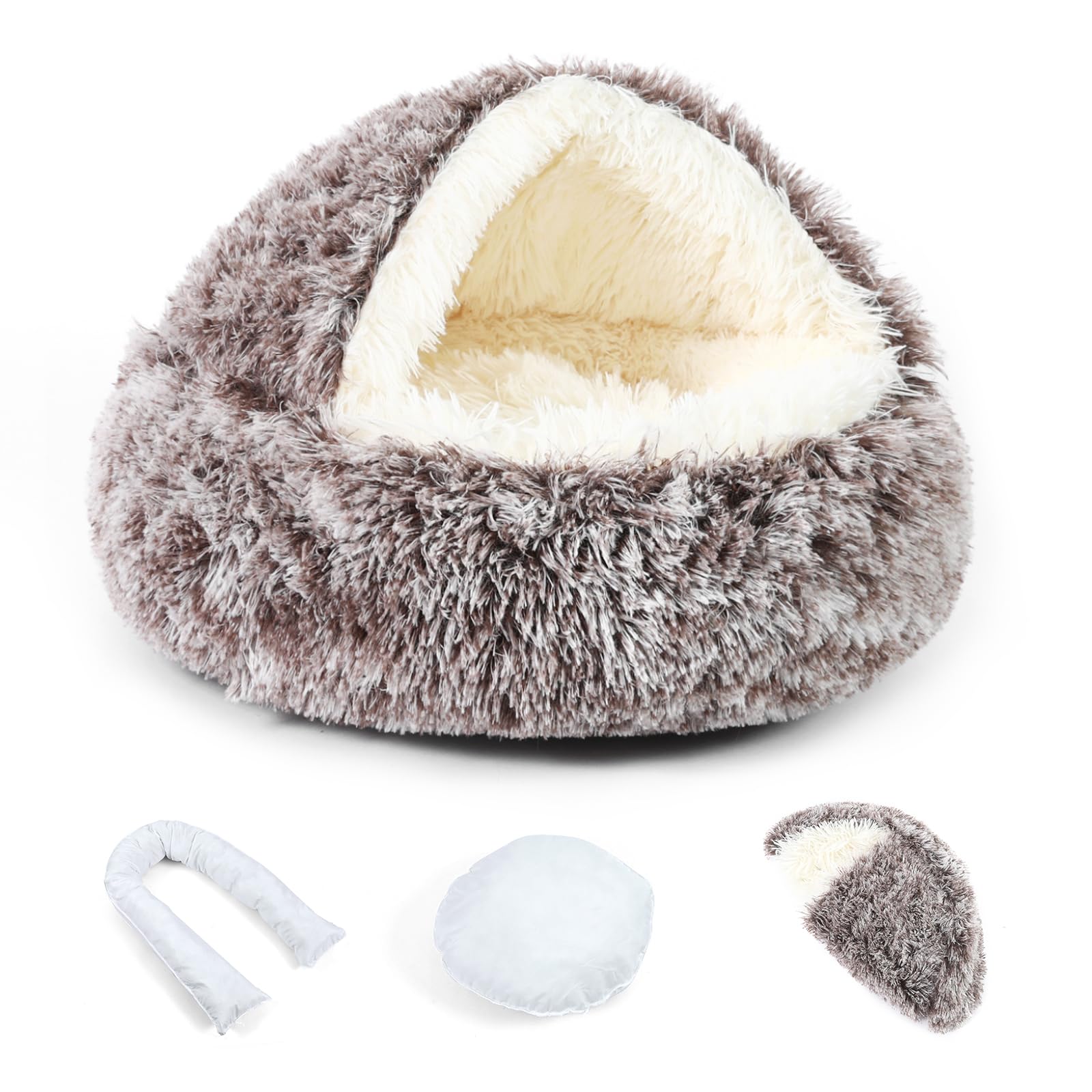 NOYAL Dog Bed Round Hooded Plush Cat Cave Donut Anti Anxiety Fluffy Dog Bed for Small Medium Dog and Cat