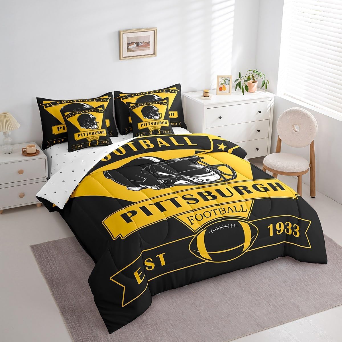 Loussiesd Football Letto Trapuntato,pittsburgh Piumino Letto Con Lenzuola 7 Pezzi 230x220cm(7-piece Set),american Football City Regali Per I Tifosi Di Calcio