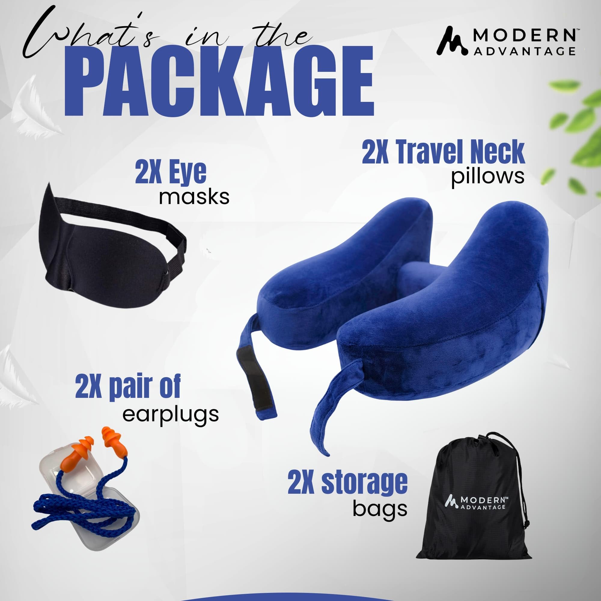 Modern Advantage Inflatable Travel Neck Pillow - Traveling Support for Head, Neck, Chin, and Shoulder When Sleeping on Airplane, Train, Car, Bus - Compact, Easy to Inflate and Deflate (Blue + Blue)