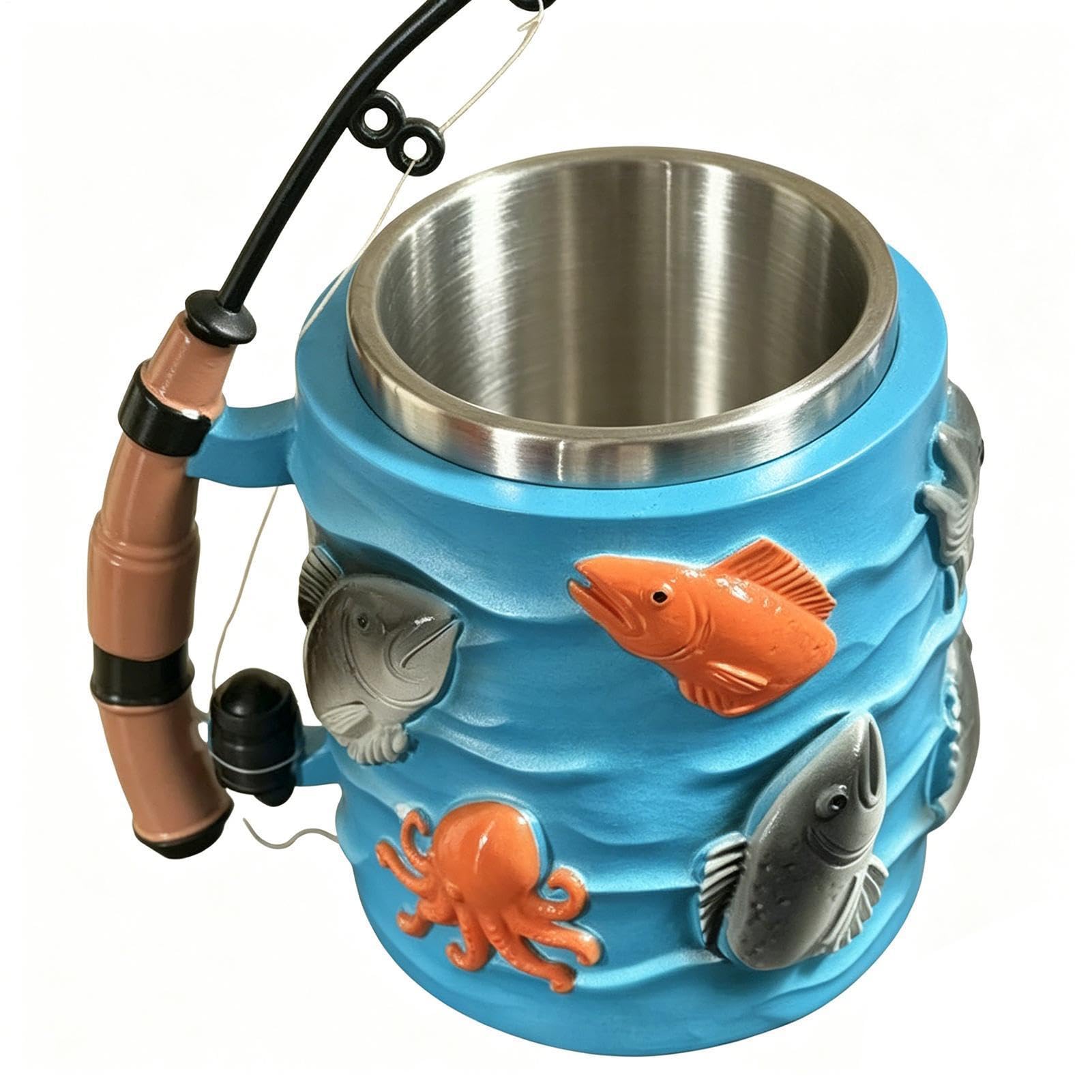 Mug isotherme en inox de 300ml avec relief canne à pêche 3D pour café