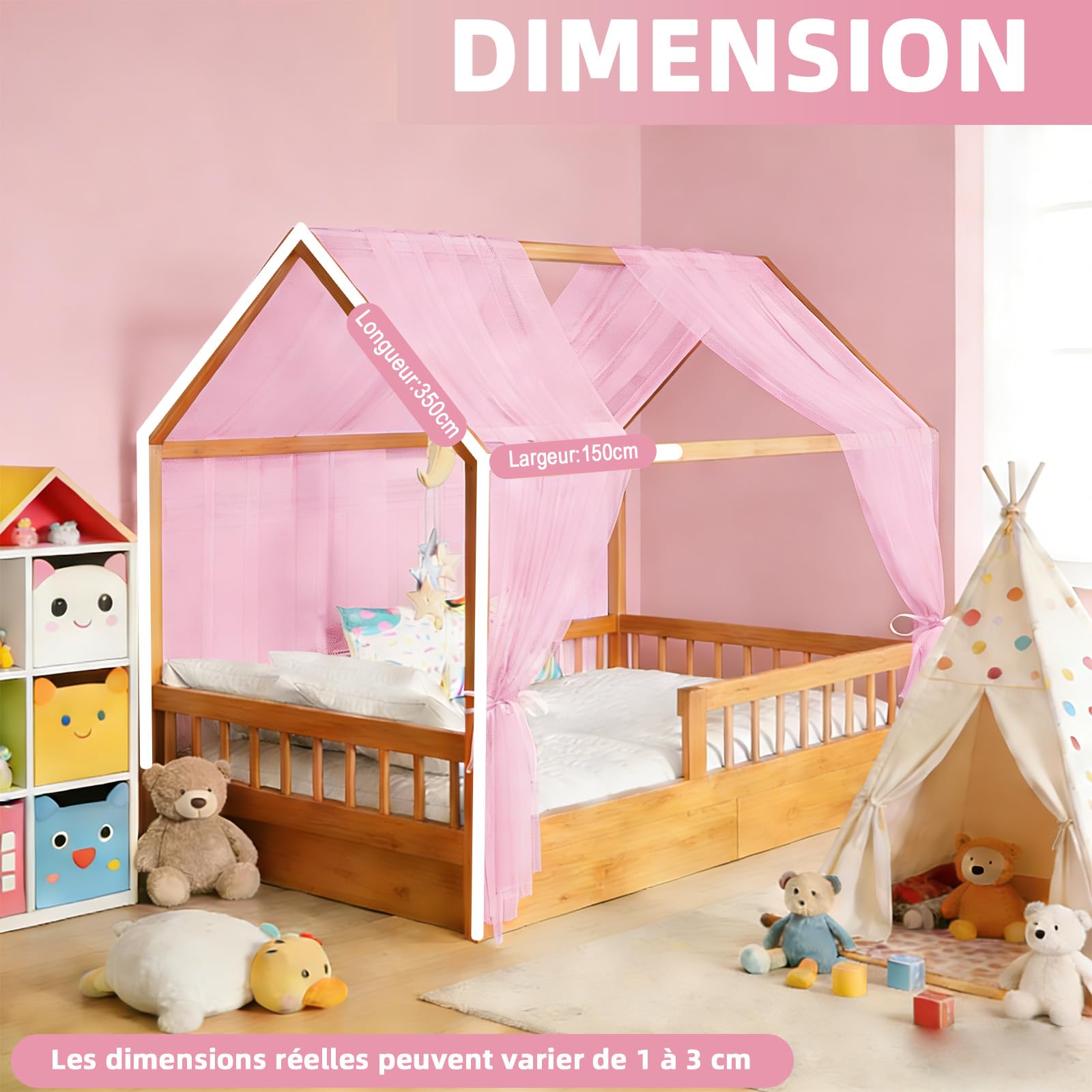 Ciel de lit cabane 2 pièces - Voilage en Forme de Tente 150x350 cm, Décoration Chambre Enfant Fille ou garçon (Rose)