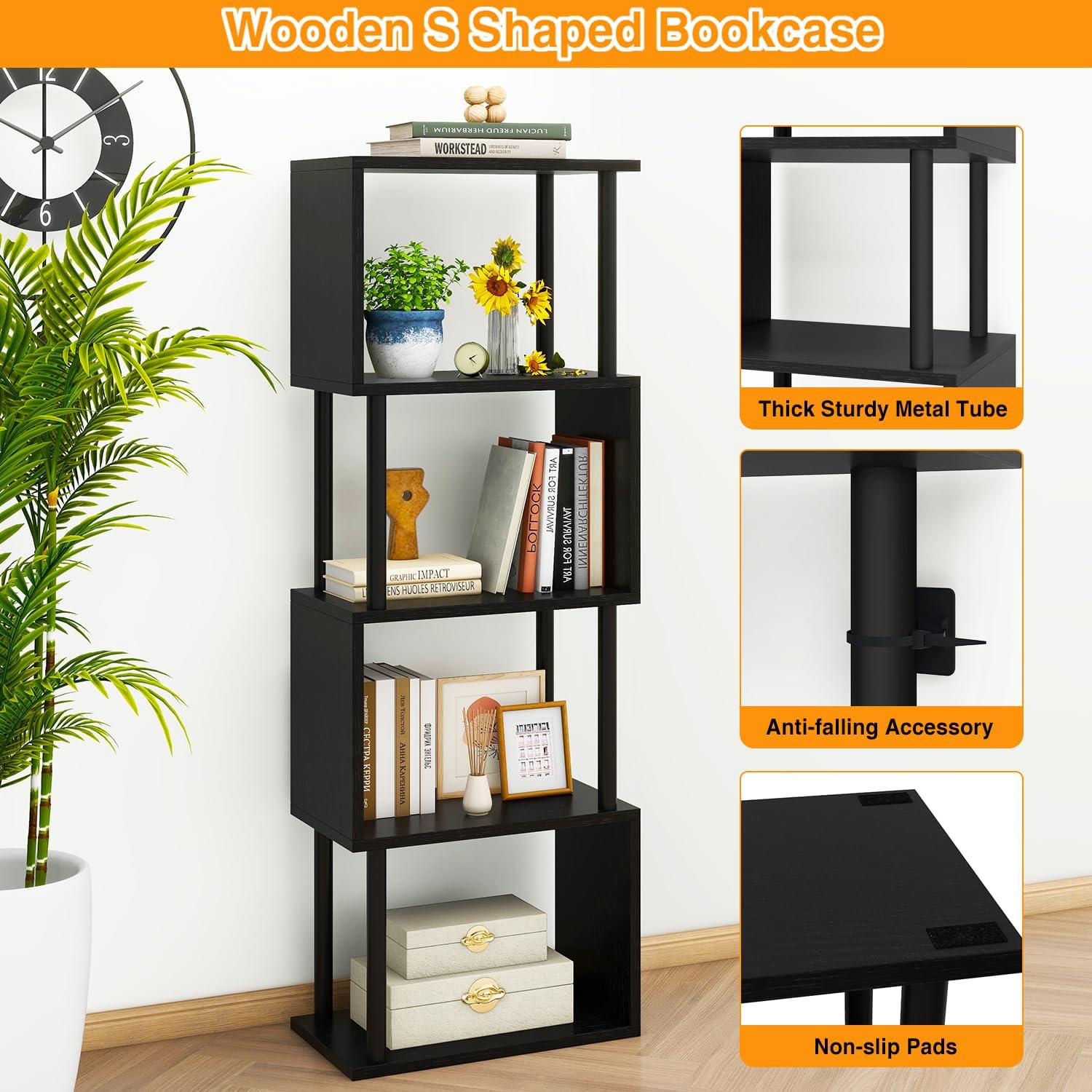 IBUYKE 5-Tier Tall Bookshelf,S-Shaped Geometric Bookcase, Wood Display Shelves with Storage,Modern Bookshelf for Living Room Bedroom, Home Office, Black WBC015B