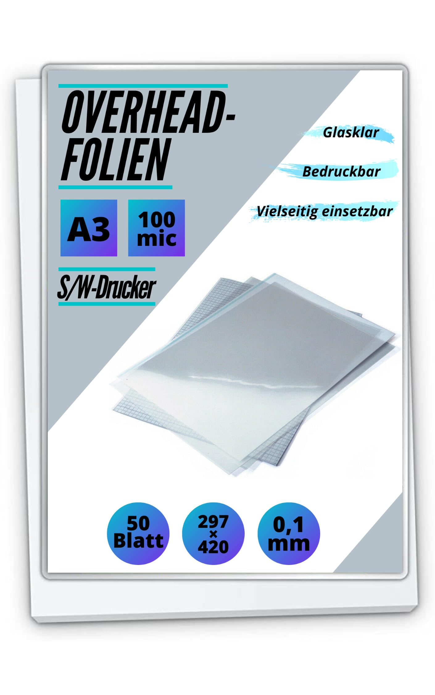 50 OHP-Folien A3 für S/W Laserdrucker und -Kopierer - transparent glasklar - PREMIUM Overheadfolien für beste Druck- und Projektions-Qualität