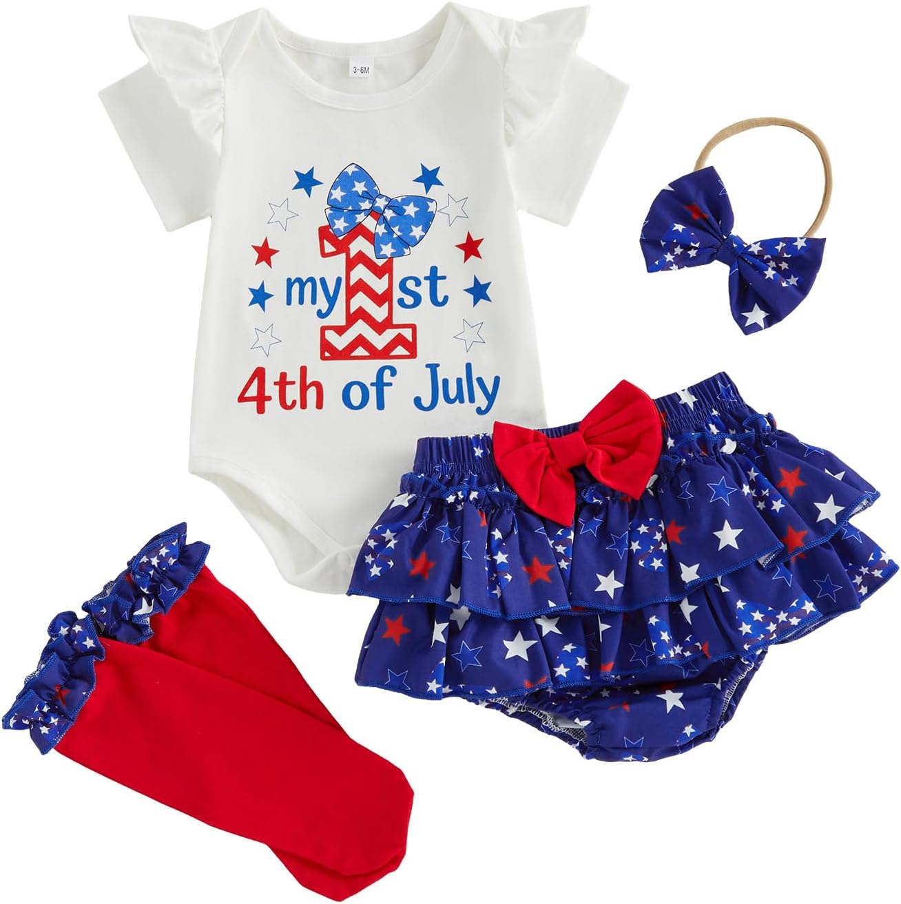 My First 4th of July Baby Girl Outfit Short Sleeve Romper Tutu Skirt Stockings Headband Newborn Patriotic Clothes Set