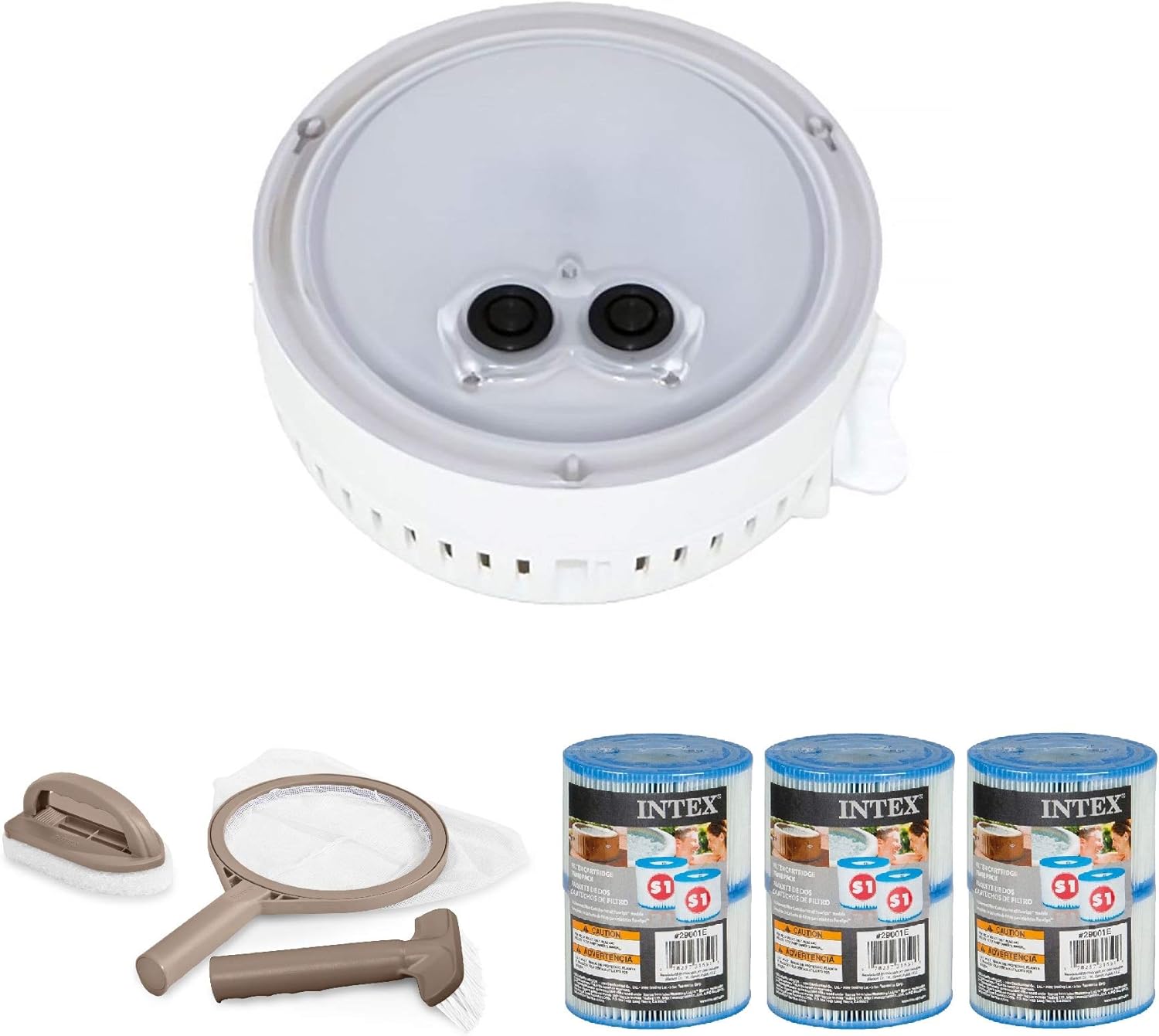 Intex PureSpa Multi-Colored LED Light with Hot Tub Maintenance Accessory Kit, Brush, and Type S1 Spa Filter Replacement Cartridges, (3 Pack)