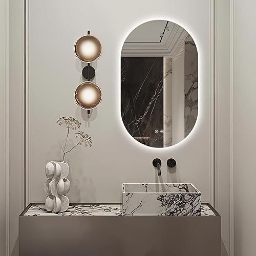 TheiaMo Espejo de baño LED ovalado, de 30 x 22 pulgadas, espejo sin marco, espejo de tocador de maquillaje con tira de luz, espejo con luz