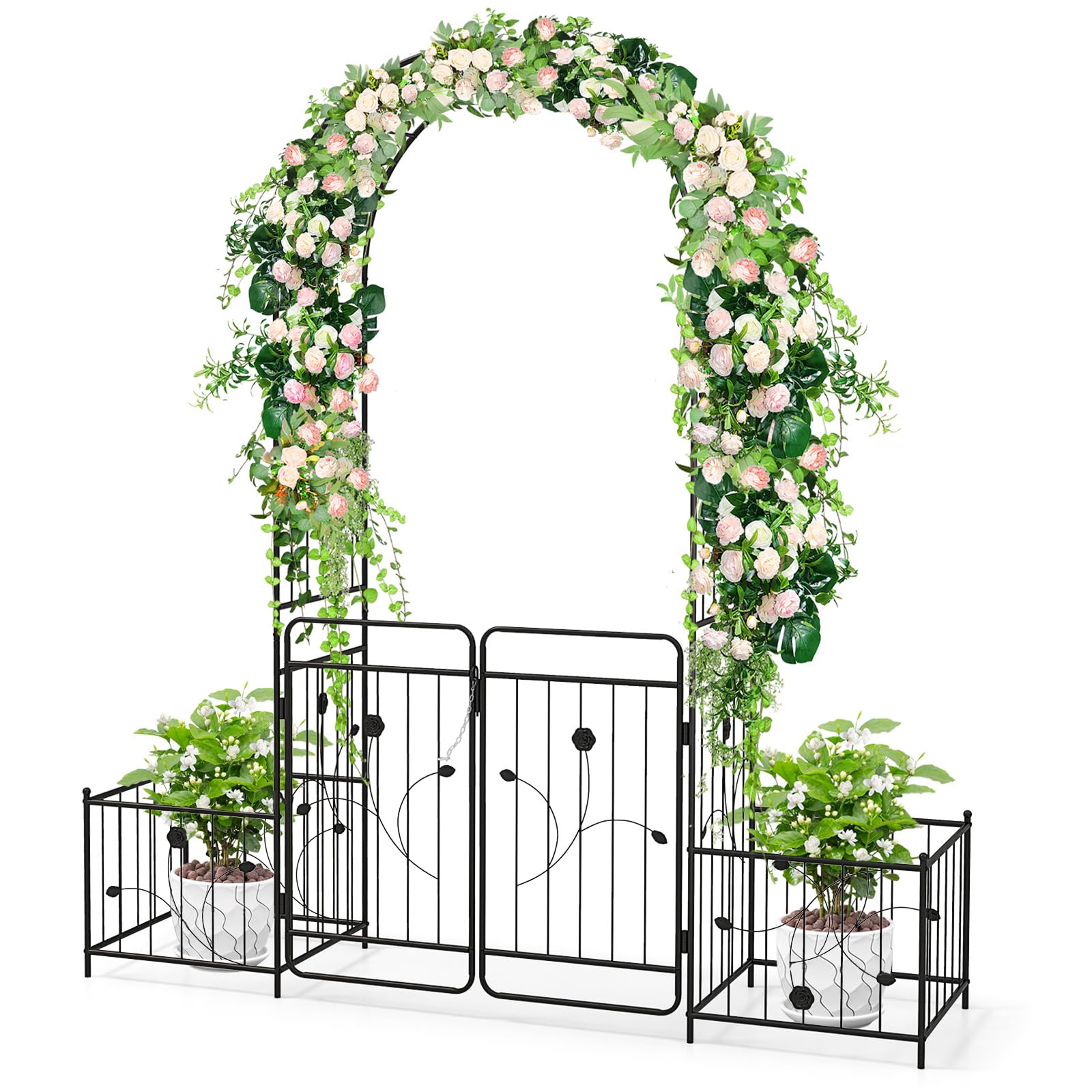 Arco de jardín para plantas trepadoras con celosía resistente y dos maceteros integrados