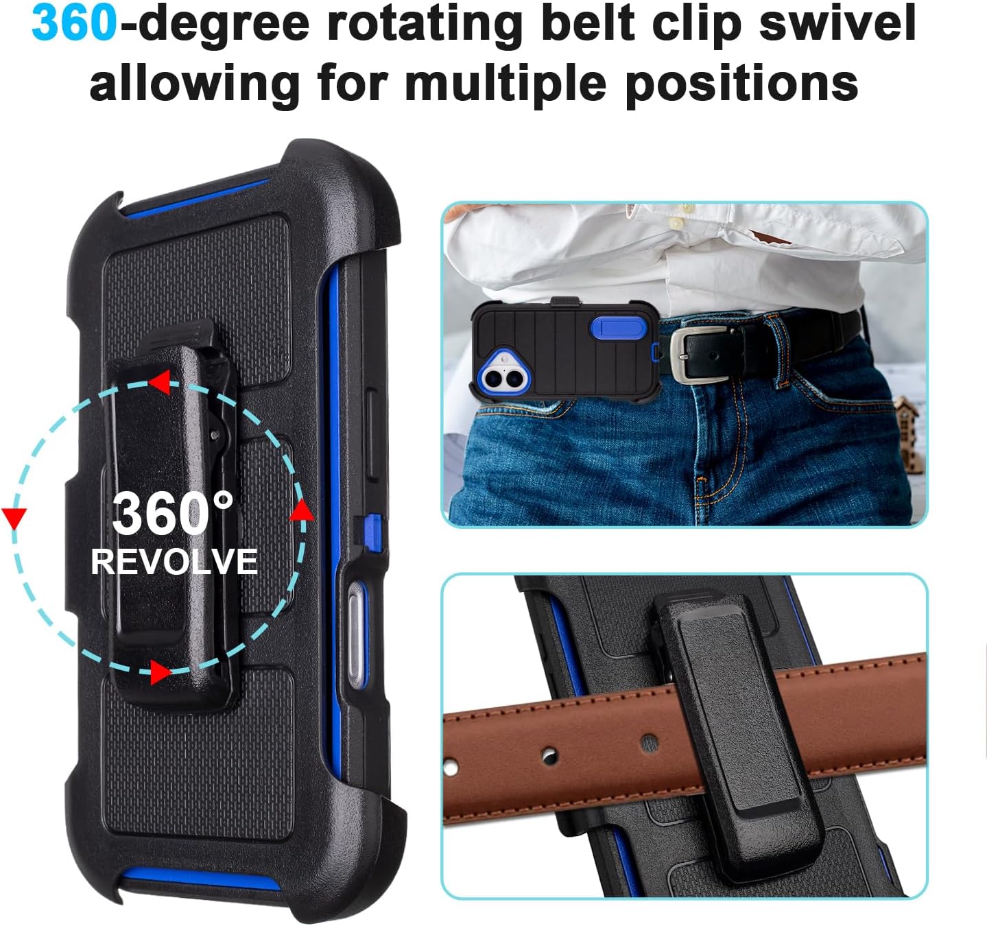 for Rugged iPhone 16 Case with Belt Clip Holster, Military Grade Heavy Duty Shockproof Cover for iPhone16 Case Protective with Stand 6.1 Inch (Black+Blue)