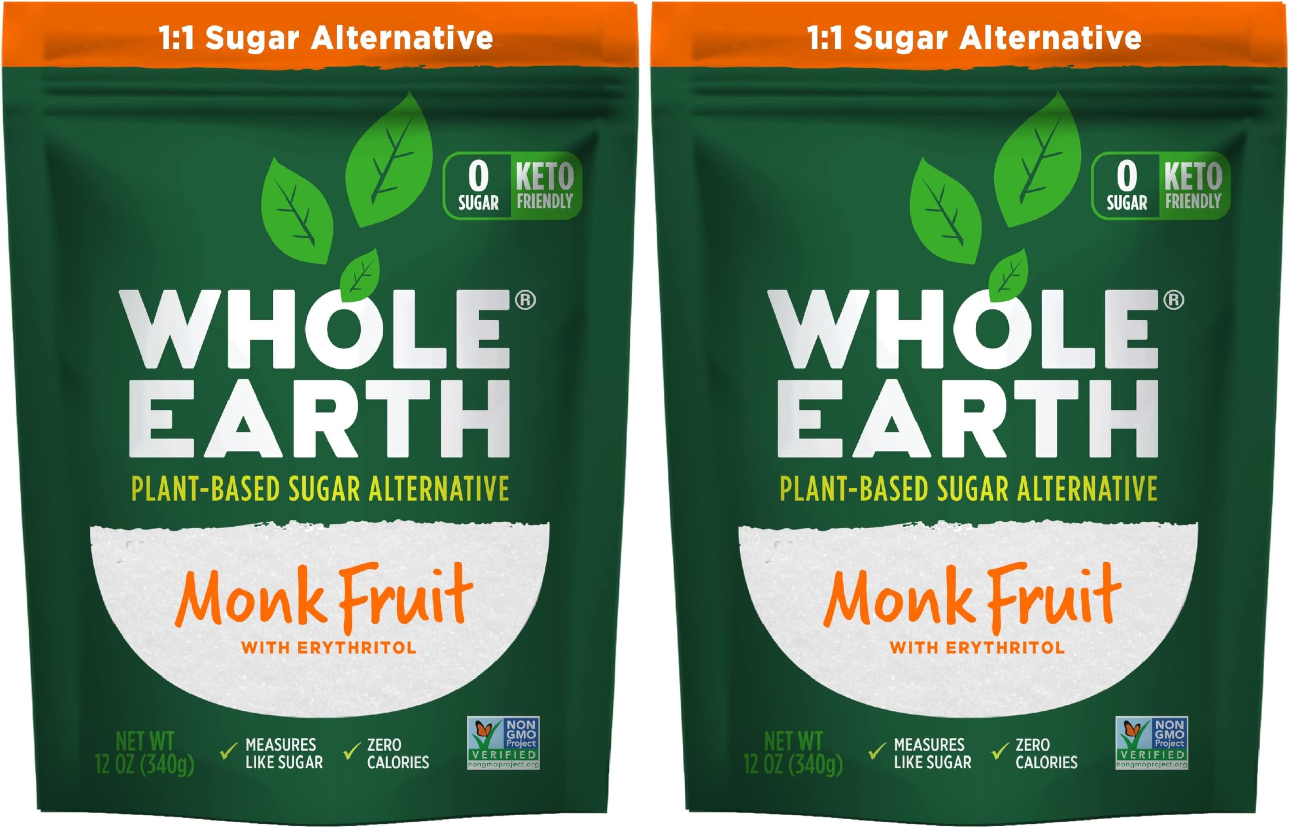 WHOLE EARTH Monk Fruit Sweetener with Erythritol, Plant-Based Sugar Alternative, 12 Ounce Pouch (Pack of 2)