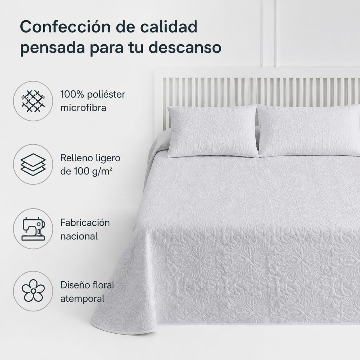 Lanovenanube Colcha Bouti Floral Blanca Cama 150 250x270 100% Poliéster | Fabricada en España. Tacto melocotón, relleno 100 g/m². Incluye 2 fundas de cojín. Ideal para primavera y verano.