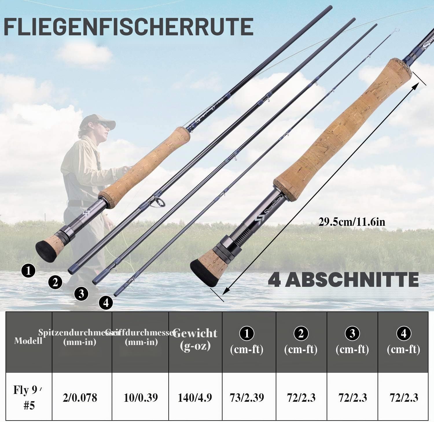 Sougayilang Fliegenfischrute, leicht, ultra-tragbar, 4-teilig, Graphit, 5/6, kompletter Starter, 7/8-Gummikork und EVA-Griff
