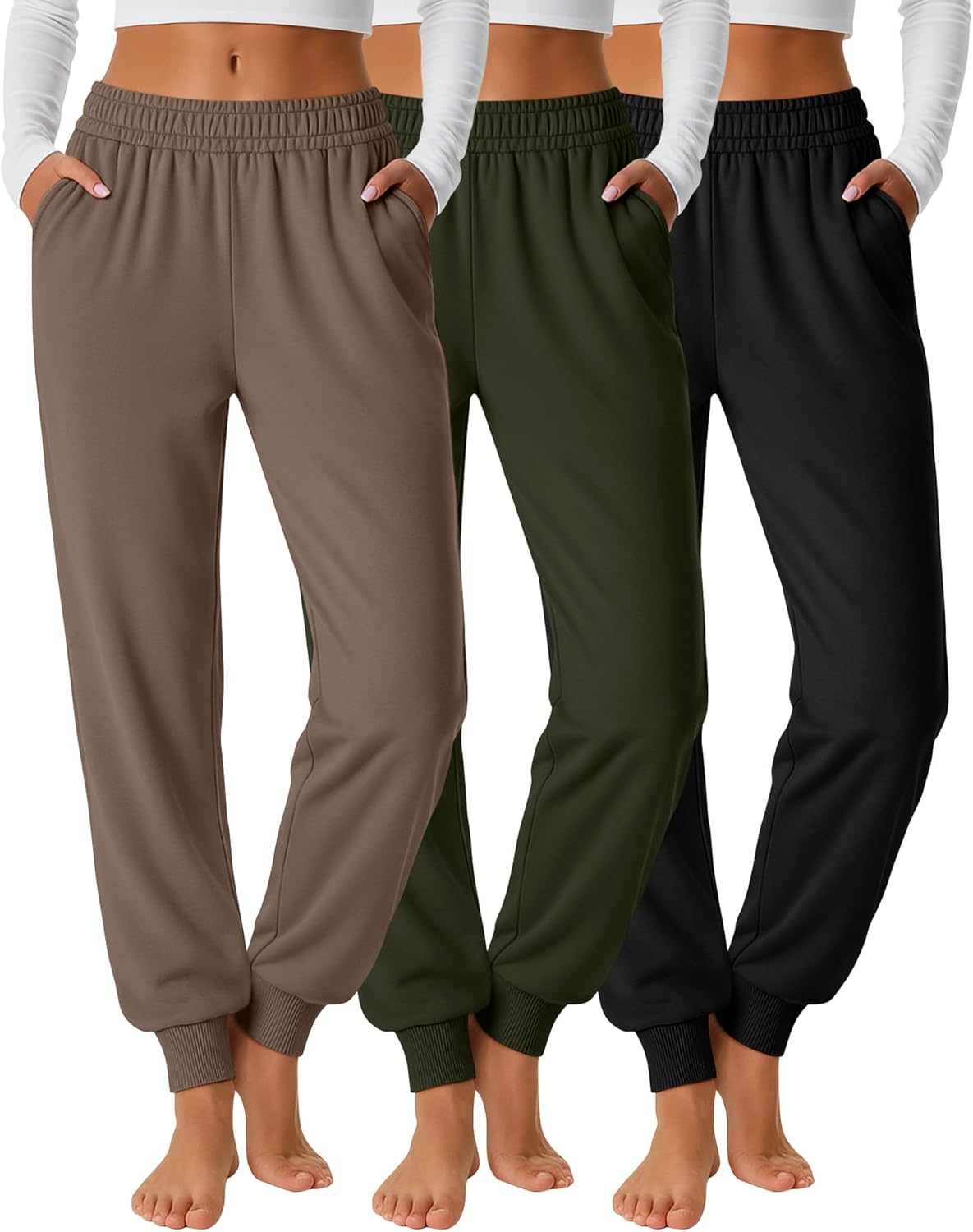 Oakgarden 3 Pack Women's Joggers Pants, Cozy High Waist Sweatpants Tapered Drawstring Yoga Casual Lounge Pants with Pockets