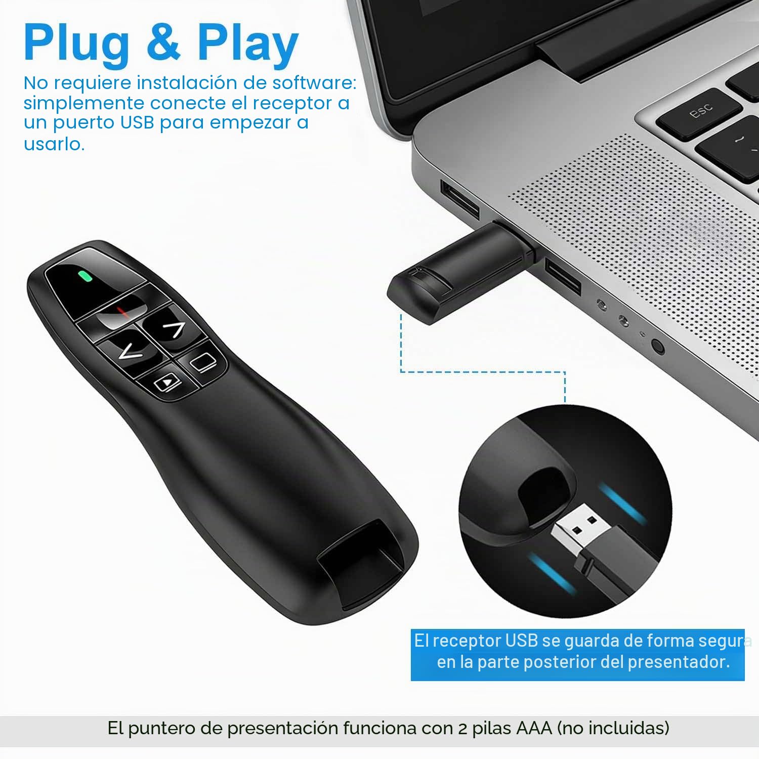 Ergonómico Pasador Diapositivas Mando Ordenador Powerpoint, 2,4GHz Presentador Inalambrico Mando Presentaciones USB Distancia Puntero Powerpoint Remote Presenter para Computadora Windows Mac