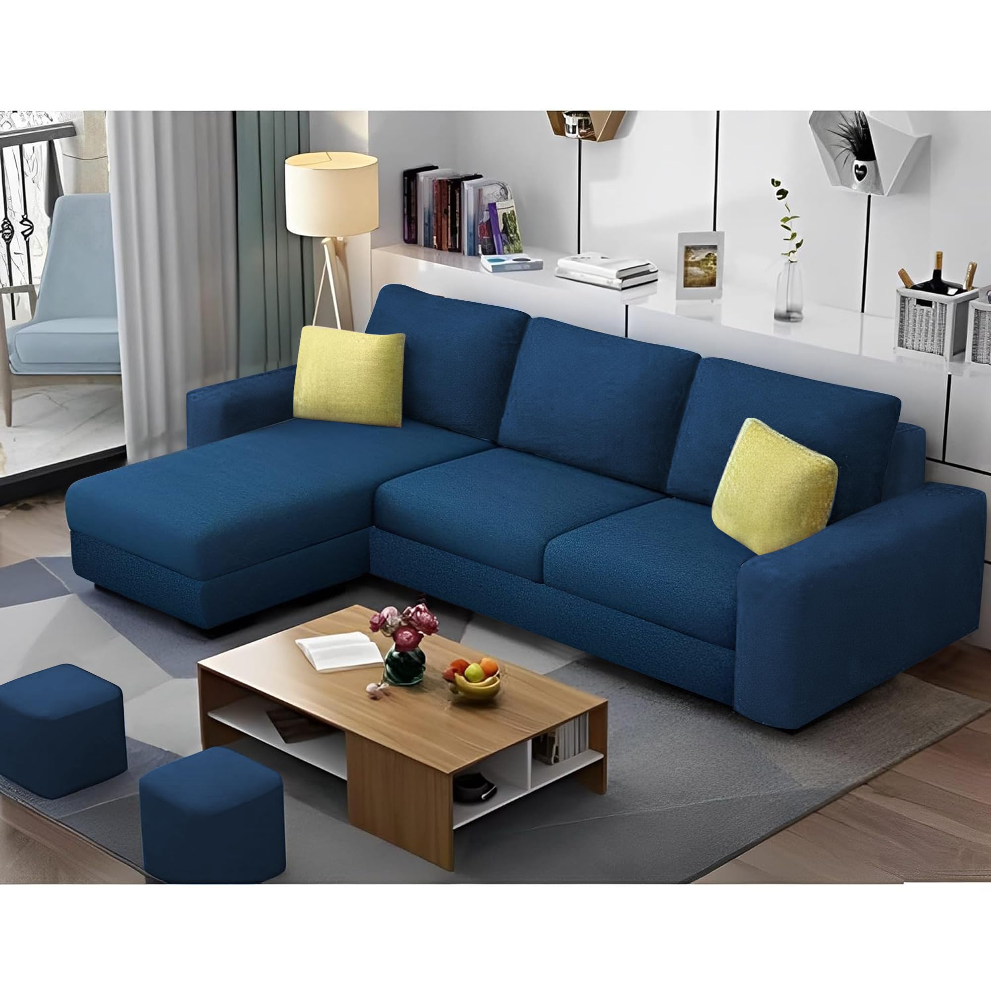 GRAPEWOOD Orland 4 Seater LHS L Shape Sofa Set for Living Room | Color - Blue | Premium Fabric Sofa
