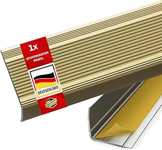 Floordirekt Treppenkantenprofil in L-Form aus Aluminium 1 Stück. 90x3x2 cm - Selbstklebend - Gold für Parkett und Laminat - Inkl. Montagematerial - Stufenkantenprofil Integral