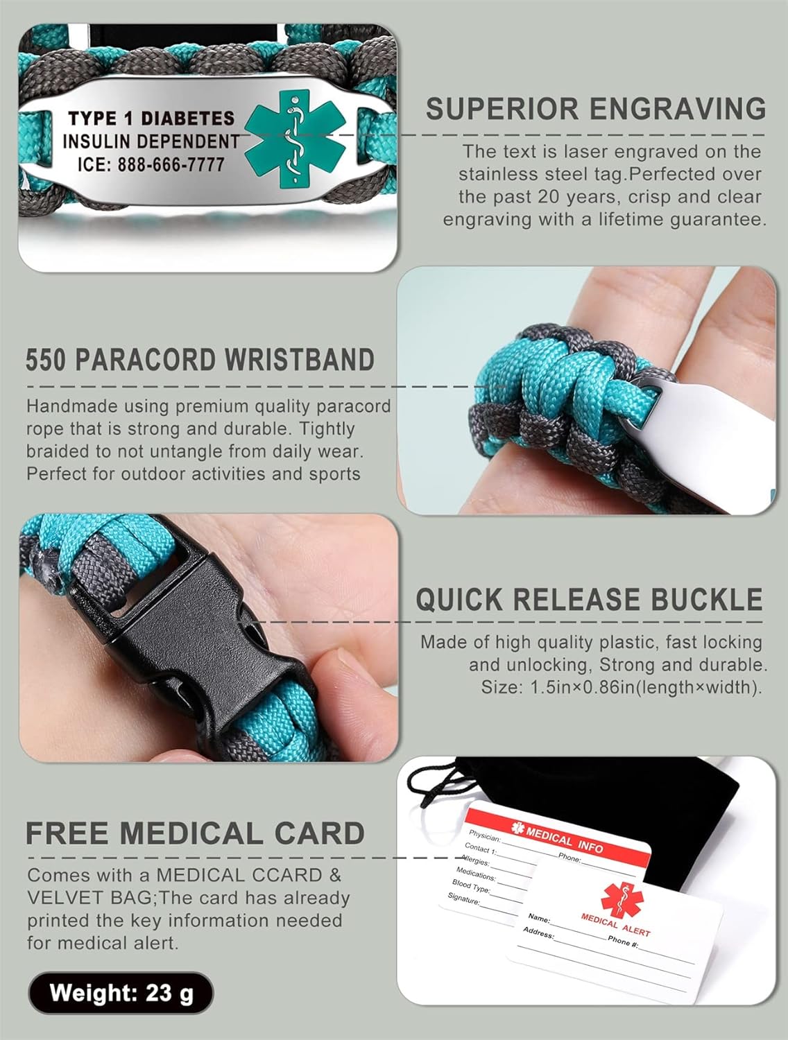 JF.JEWELRY Medical Alert Bracelets for Women, Customizable Engraving Medical Alert ID Bracelet | Handmade Parachute Cord Braided medical Bracelets (Gray Green 7.5 Inches): Clothing, Shoes & Jewelry