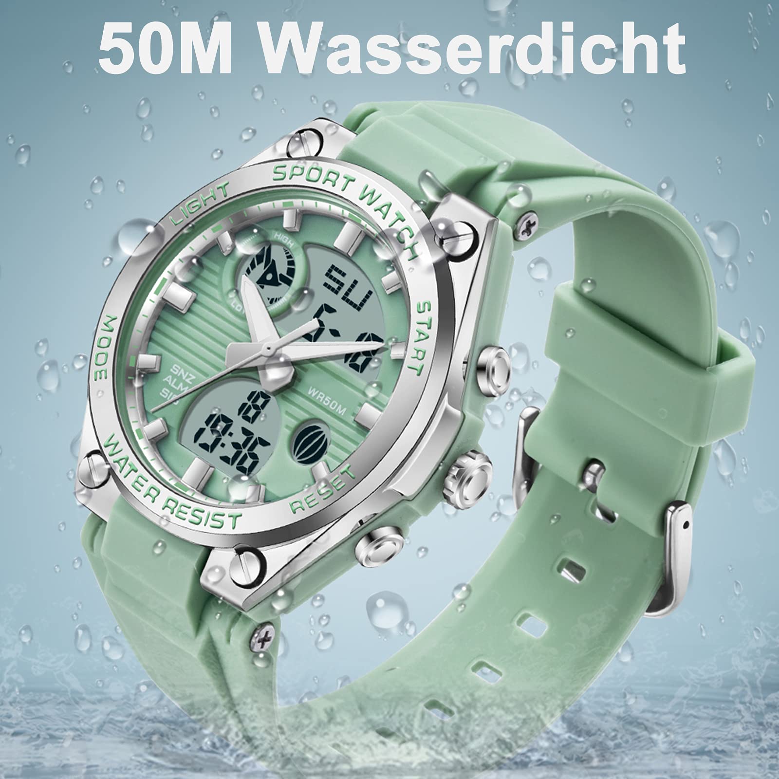 Reloj de pulsera digital para mujer con correa de silicona, resistente al agua hasta 50 m, reloj digital para niñas y jóvenes, reloj deportivo analógico con alarma, fecha, LED electrónico, verde,