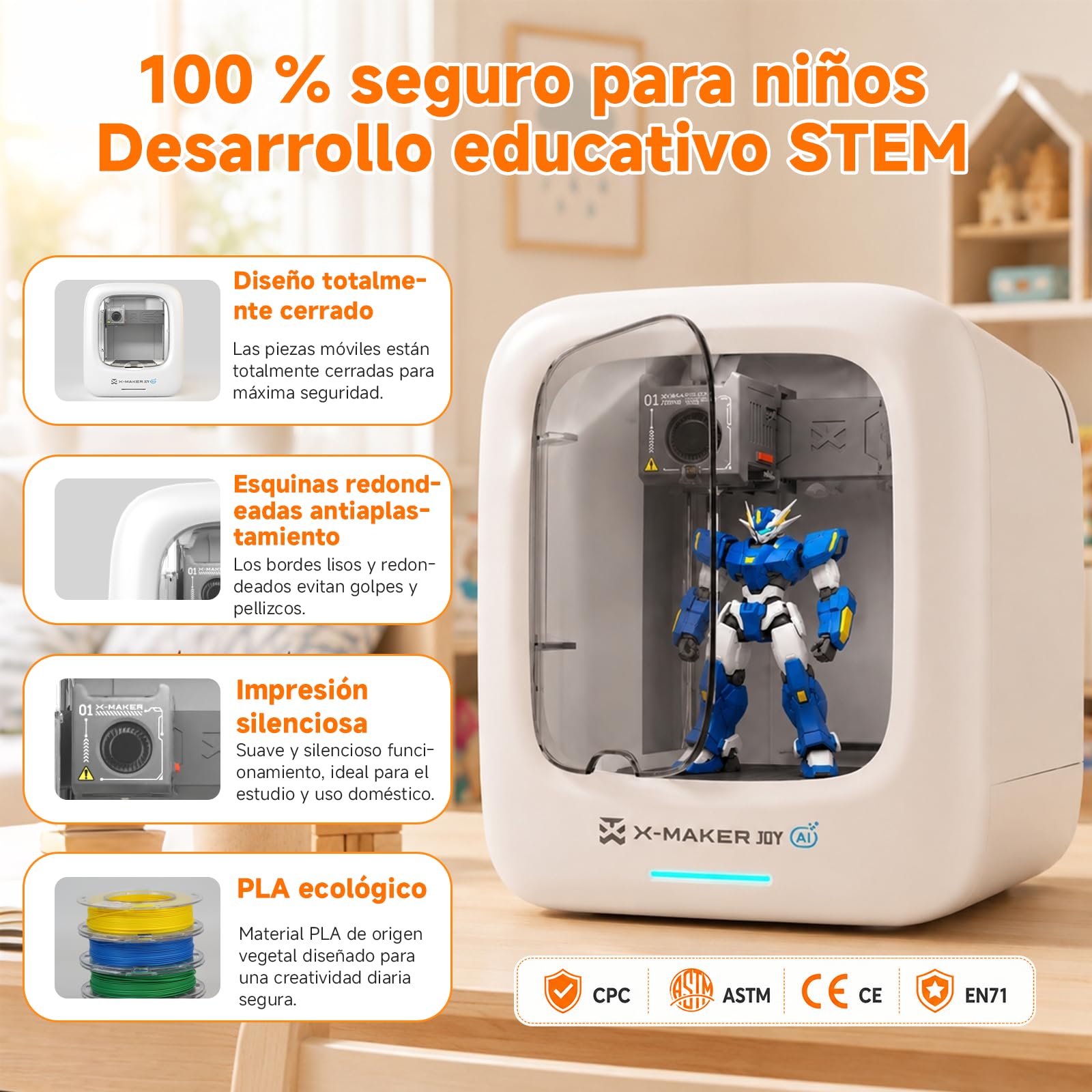 KI-gestützter 3D-Drucker, 3D-Drucker mit 8 PLA-Filament-Set, KI Design-App, umfangreiche Sammlung an 3D-Kreativvorlagen, mit 16+ Mini-3D-Designmodulen, App&WiFi-Steuerung,vollständig geschlossene
