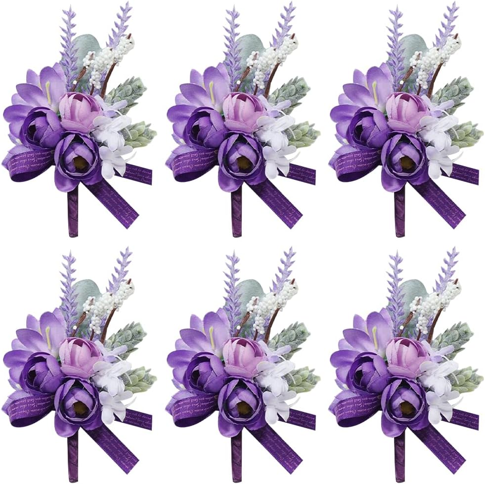 CRASPIRE Boutonnieres for Men Wedding Corsage Set of 6 Purple Rose Lavender Flowers Groom Boutonniere for Groom and Best Man for Wedding Party Prom Anniversary Bride Bridesmaid Groomsmen