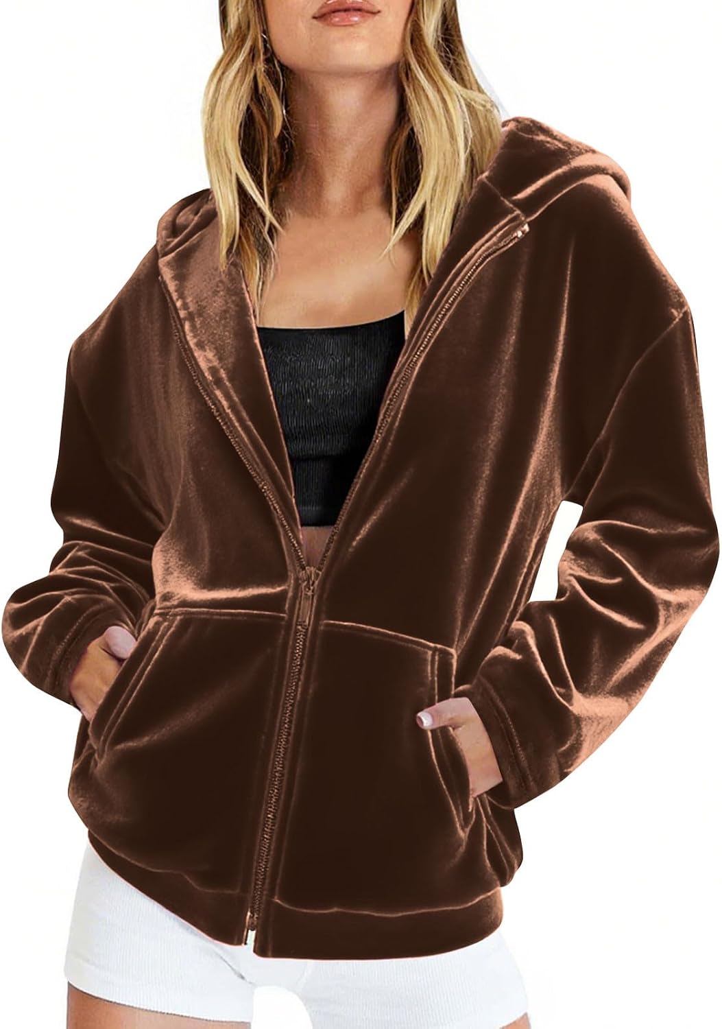 Womens Velour Zip Up Hoodies Coats Long Sleeve Winter Warm Oversized Hooded Sweatshirt Y2K Jackets with Pockets