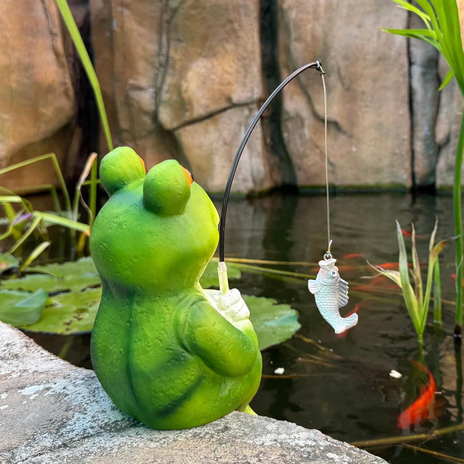 Frog Decoration for Yard Outdoor Garden Decor 9.7 Inch Tall Fishing Frog Statue for Koi Pond, Waterfalls or Poolside Ornaments, Fisher Animals Pond Decor, Gift for Mom & Women - Image 5