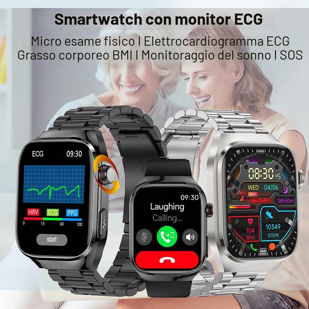 Smartwatch ECG/Selezione/Risposta chiamata, AMOLED impermeabile Smart Watch con pressione sanguigna, SpO2, frequenza cardiaca, messaggio di promemoria per Android iOS (TPU Nero)