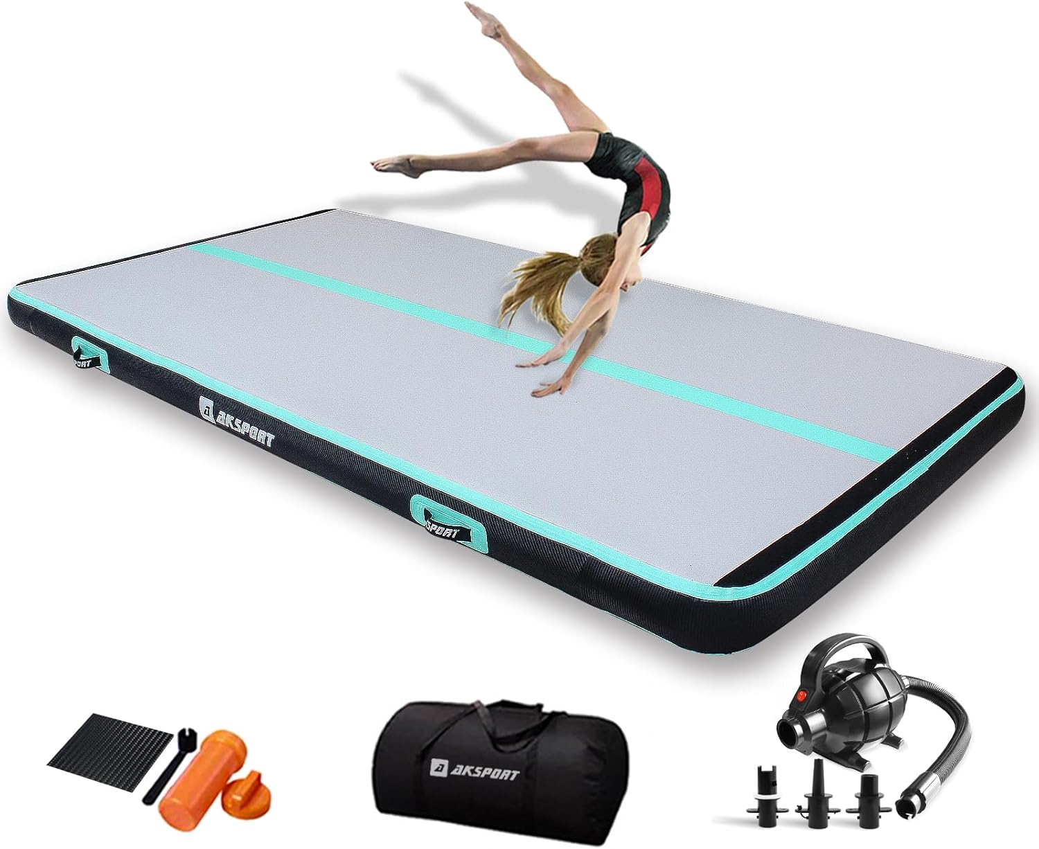 AKSPORT Gymnastics Air Mat Tumble Track Tumbling Mat Inflatable Floor Mats with Air Pump for Home Use/Tumble/Gym/Training/Cheerleading/Parkour/Beach/Park/Water Carbon&Green 10ftx5ftx6inch