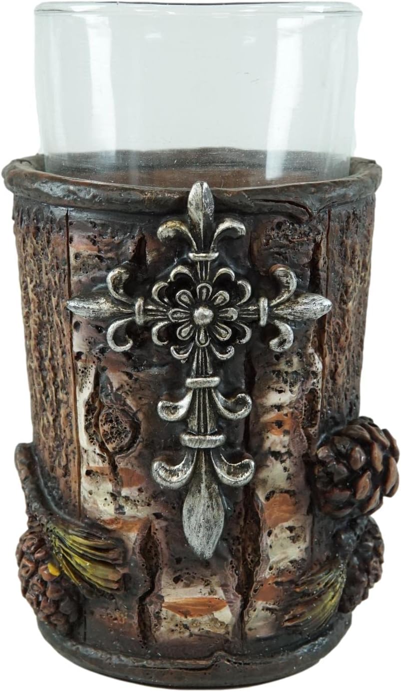 Ebros Gift Rustic Southwestern Inspirational Le Fleur Cross with Birch and Pinecones Bathroom Accessory Resin Sculpture Fleur De Lis Accent (Tumbler Cup, Soap Dish and Toothbrush Holder Set of 3)