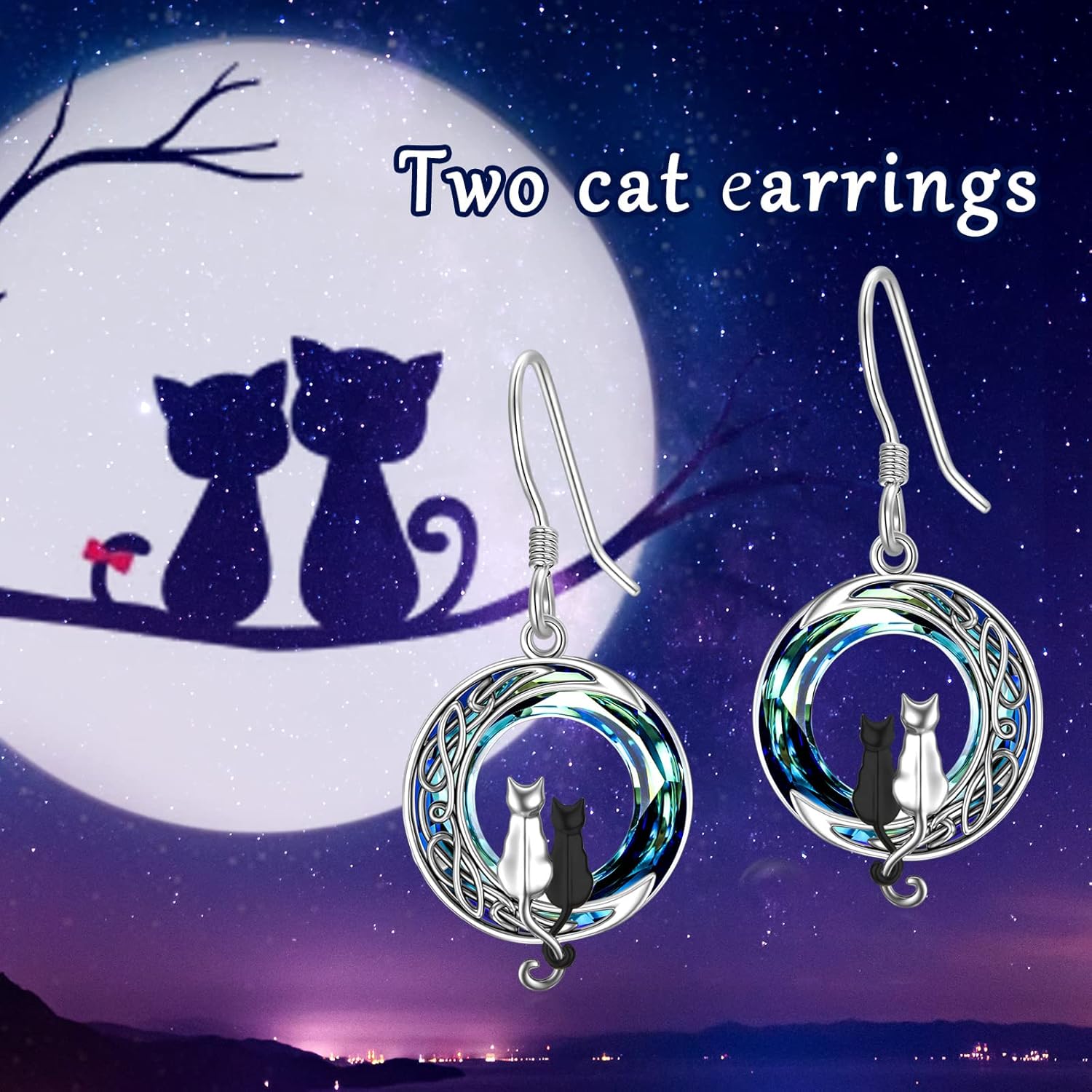 TOUPOP Cat on the Moon Earrings Sterling Silze Cut Animal Cat Dangel Drop Earrings with Circle Crystal Christmas Valentines Birthday Mothers Day Jewelry Gifts for Women Cat Lovers