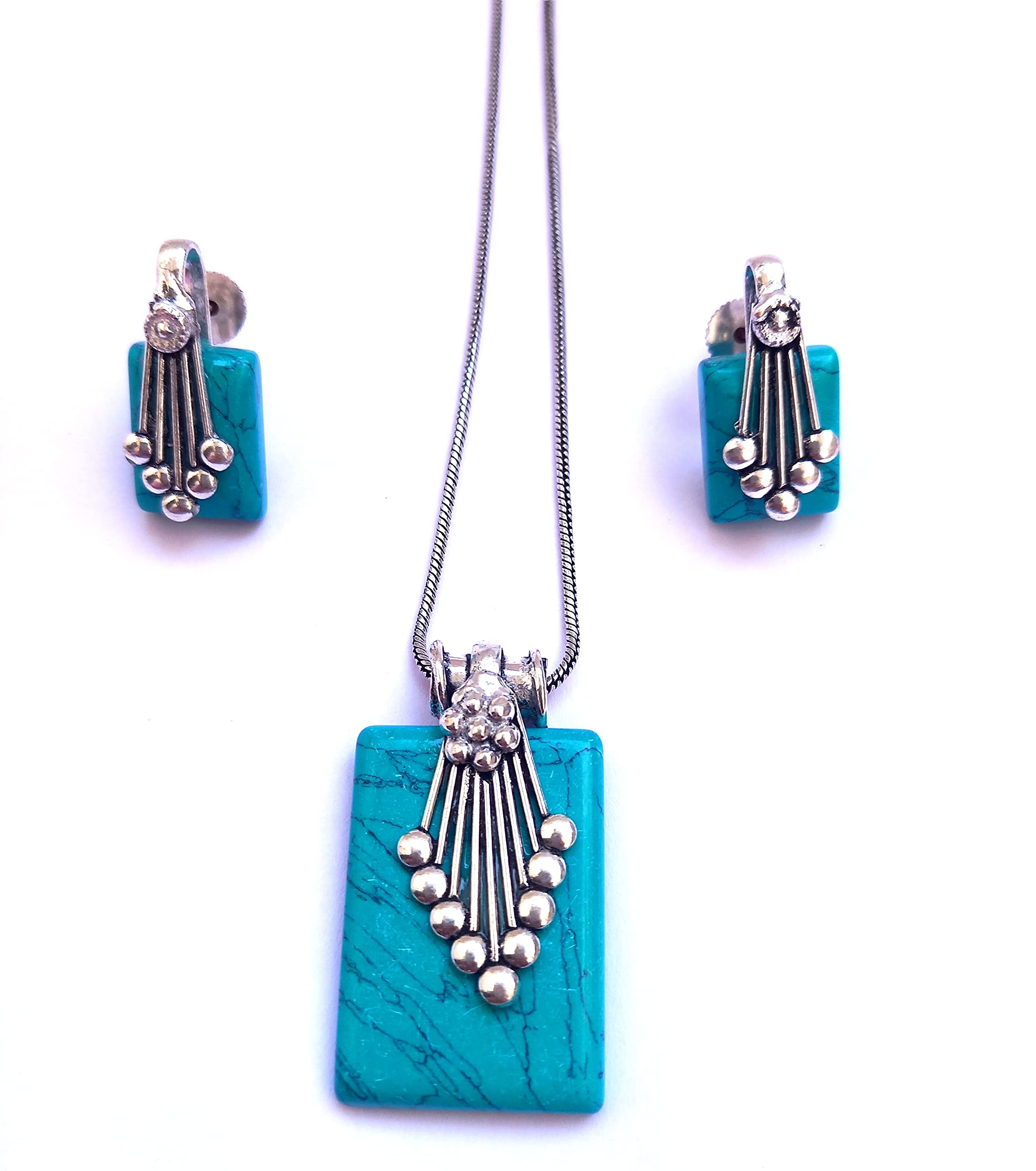 Mirage - Victorian style Turquoise stone with oxidise silver pendant earring set with chain | Elegant oxidise turquoise pendant set with chain and earrings (B09R4YDW69) Amazon Price History, Amazon Price Tracker