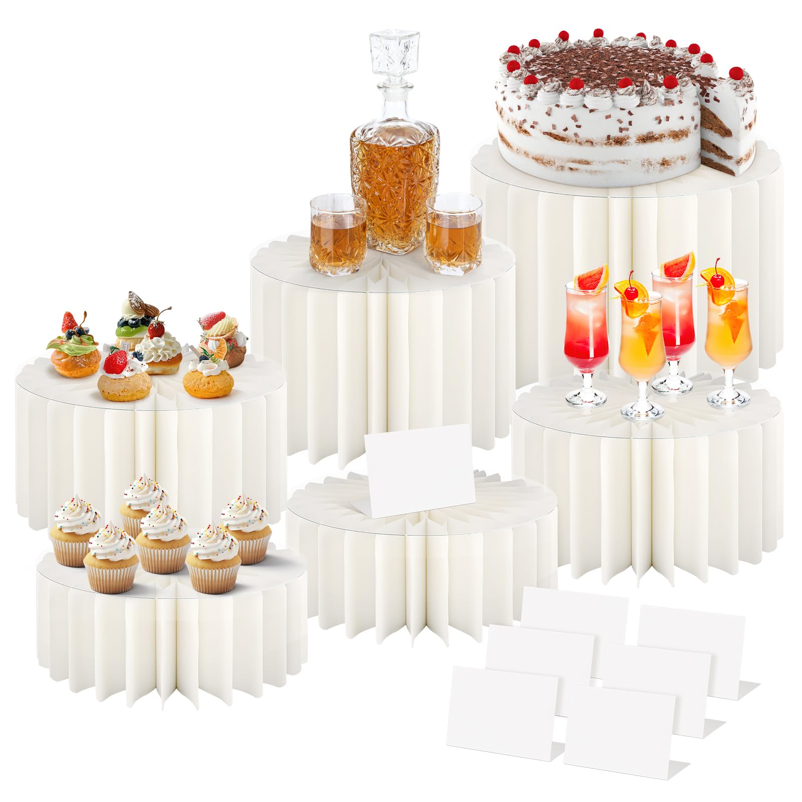 Lot de 6 rehausseurs de buffet en papier blanc avec cartes de présentation, assiettes en acrylique, présentoirs pliables pour fête, mariage, anniversaire (4 tailles)