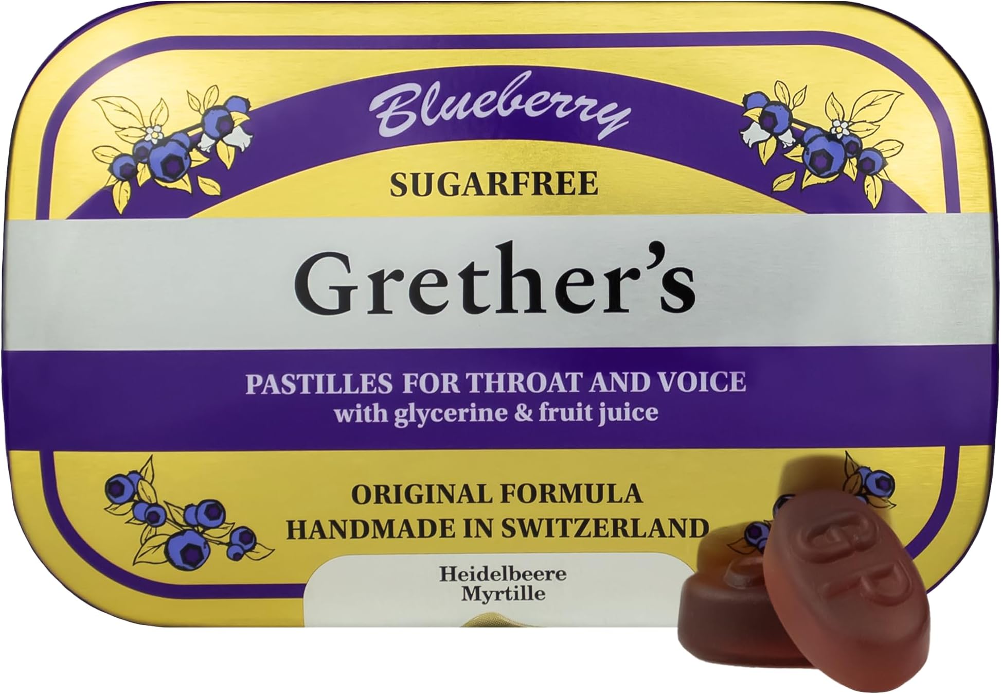 Sugarfree Blueberry Pastilles – Premium Swiss Throat Lozenges for Dry Mouth & Throat Comfort – Intense Fruit Flavor – Gluten & Lactose Free – Gift for Singers – 3.75 oz