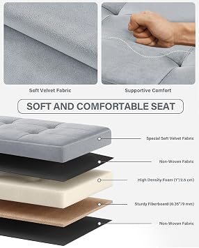 ABHENG Folding Storage Ottoman, Velvet Storage Bench, Footrest, Removable Divider, for Living Room, Bedroom, 15 x 43 x 15 Inches, 660 lb Load Capacity, Gray UASND02G