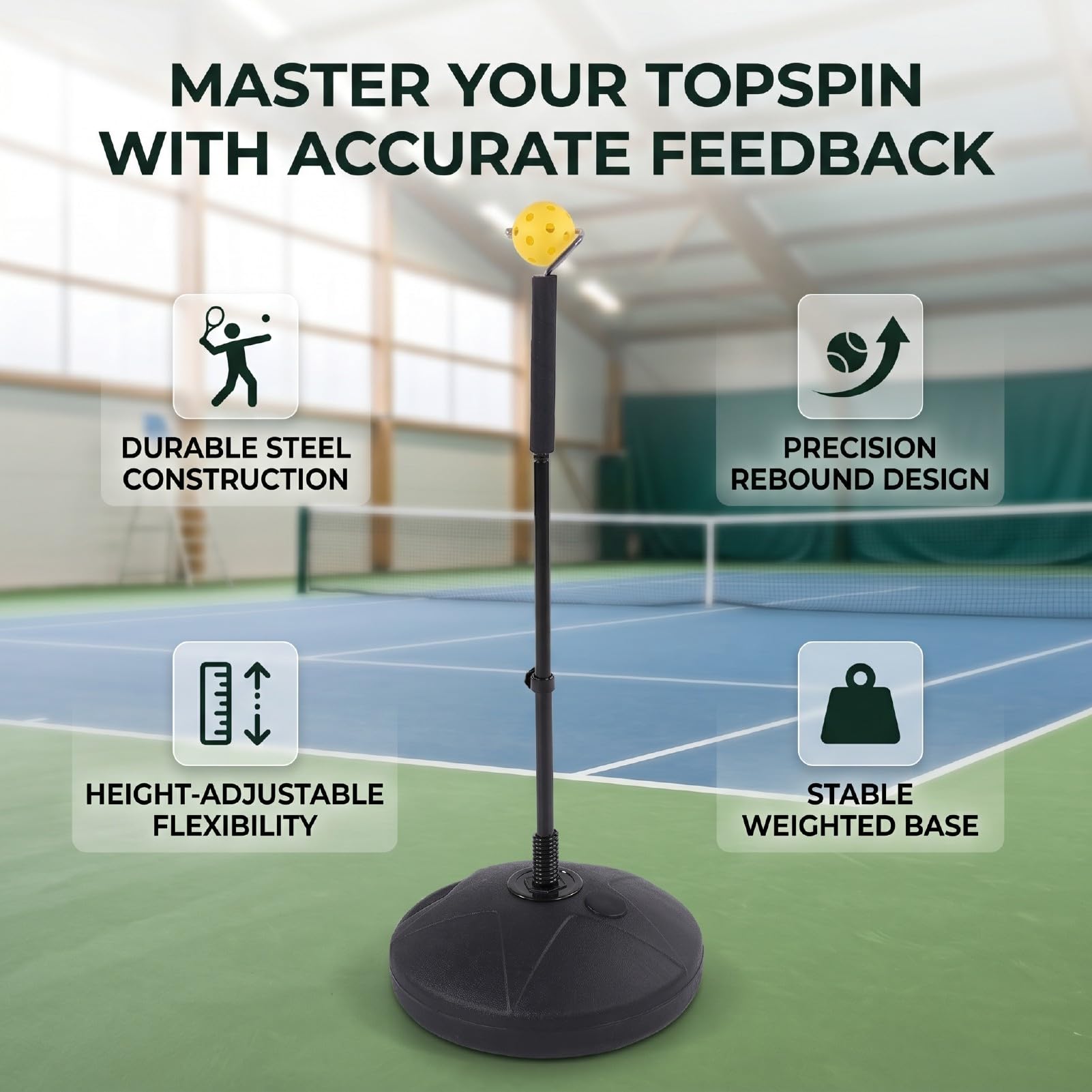Fockety Rimbalzo da Tennis Portatile per Allenatore Topspin | Ausilio per L'allenamento del Tennis, Altezza Regolabile, per Esercitazioni in Topspin e Backspin