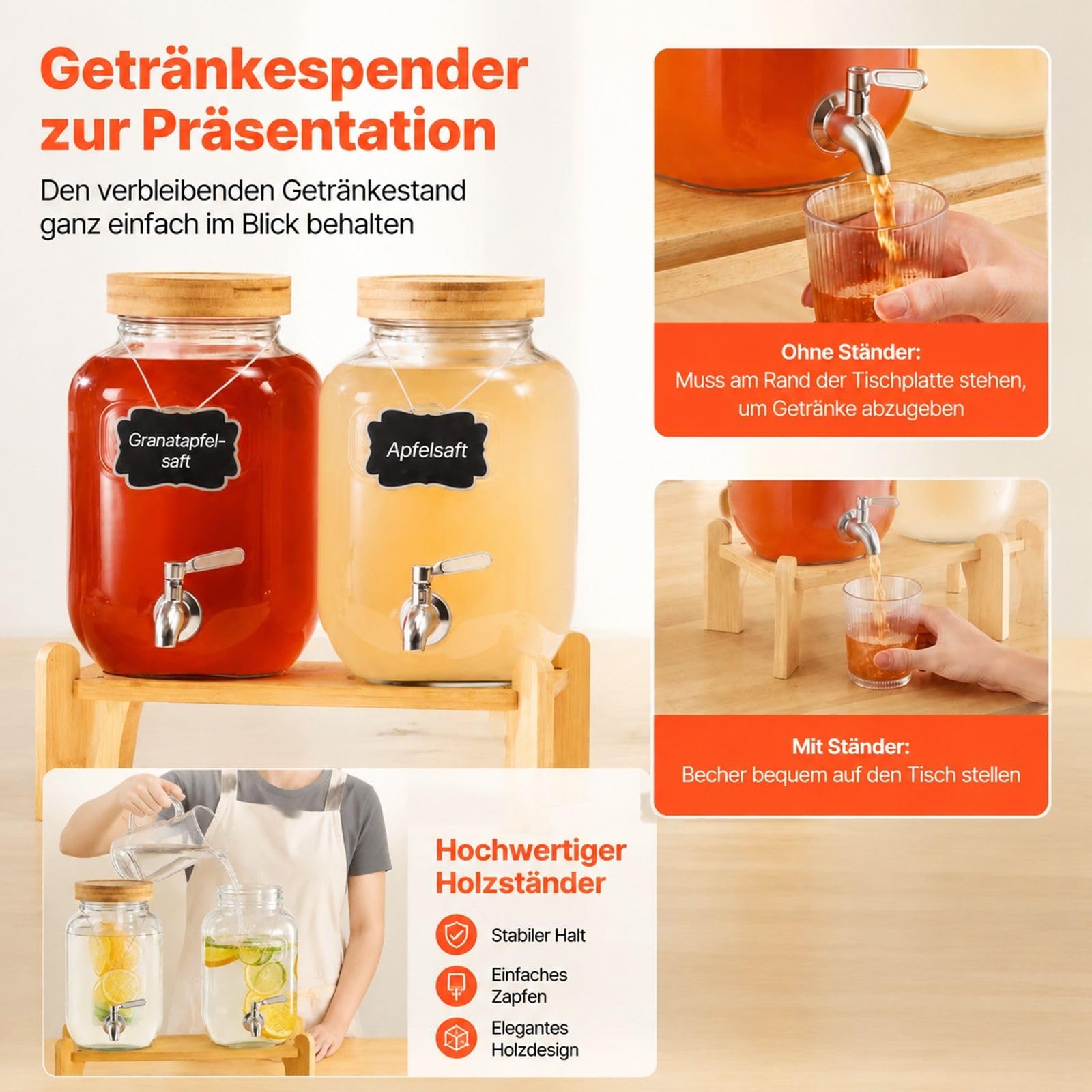 Getränkespender aus Glas 2 Stück, je 3,8 L, mit Zapfhahn und Ständer, für Saft, Kaffee, Partys und Bars