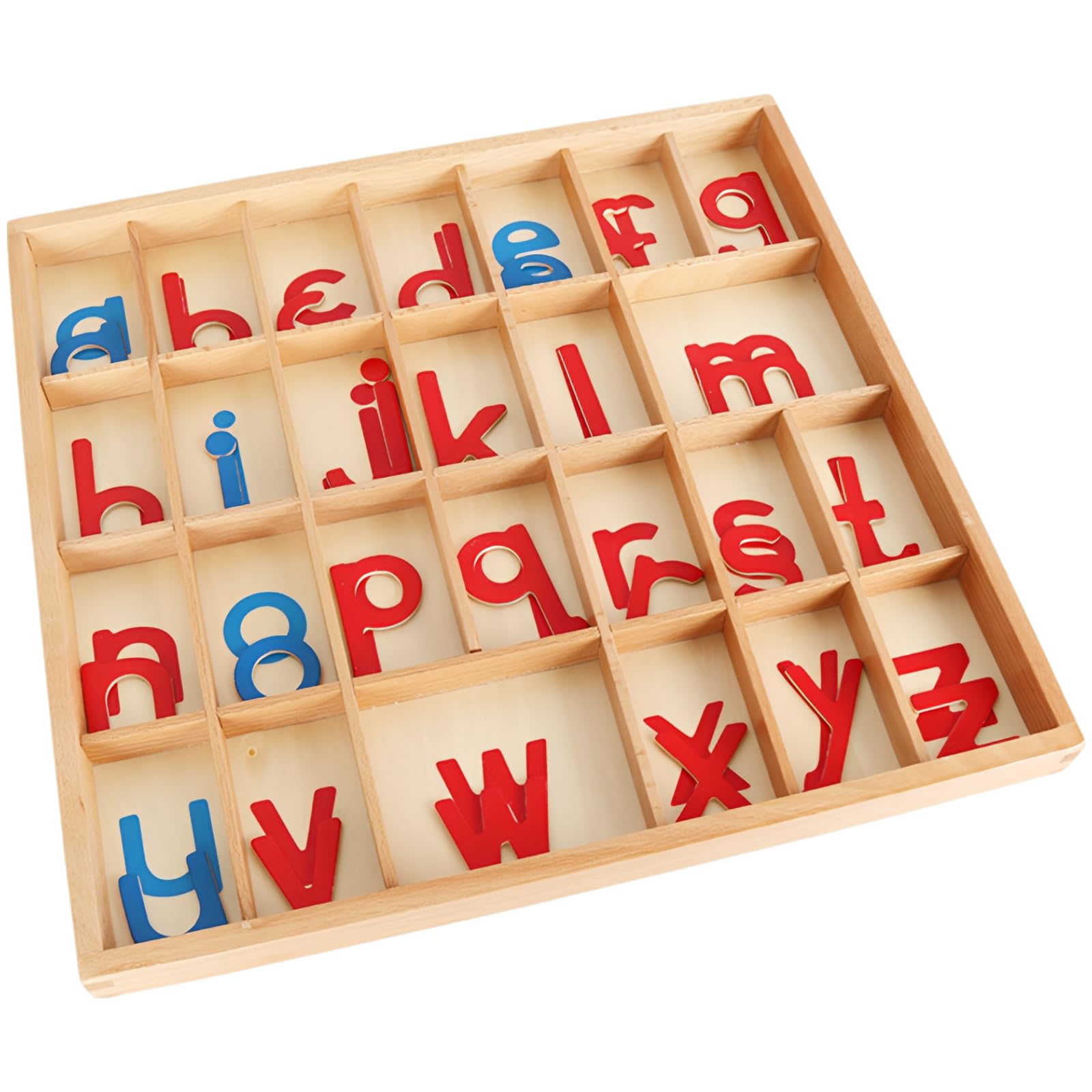 Alfabeto móvil con caja y manta, juego de alfabeto de madera para educación temprana, consonantes rojas y vocales azules, letras cursivas pequeñas, 13.6 x 13 x 1 pulgadas