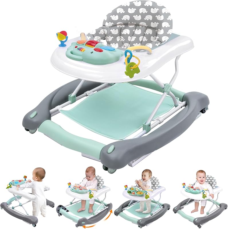 Andador de actividades plegable 5 en 1 para bebé: mecedor, centro de actividades, gorila, andador con asiento, andador de empuje, ruedas traseras de velocidad ajustable y juguetes de altura para edades de 6 a 18 meses... (verde menta)