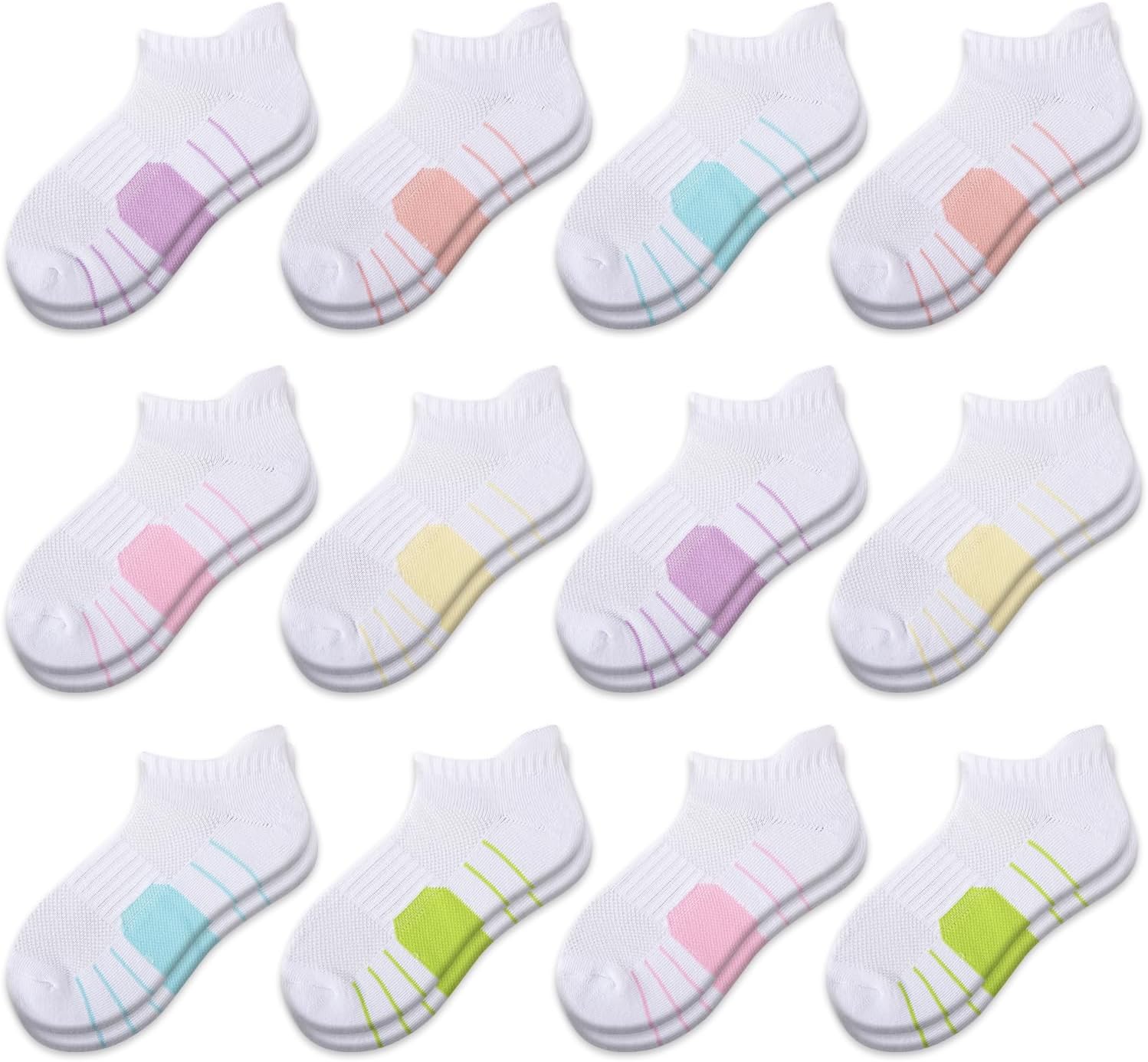 Comfoex 12 Pairs Girls Socks Ankle Athletic low cut Socks With Cushioned Sole For Little Big Kids 4-6 6-8 8-10 Years Old