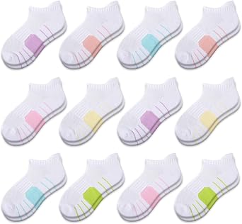 Comfoex 12 Pairs Girls Socks Ankle Athletic low cut Socks With Cushioned Sole For Little Big Kids 4-6 6-8 8-10 Years Old