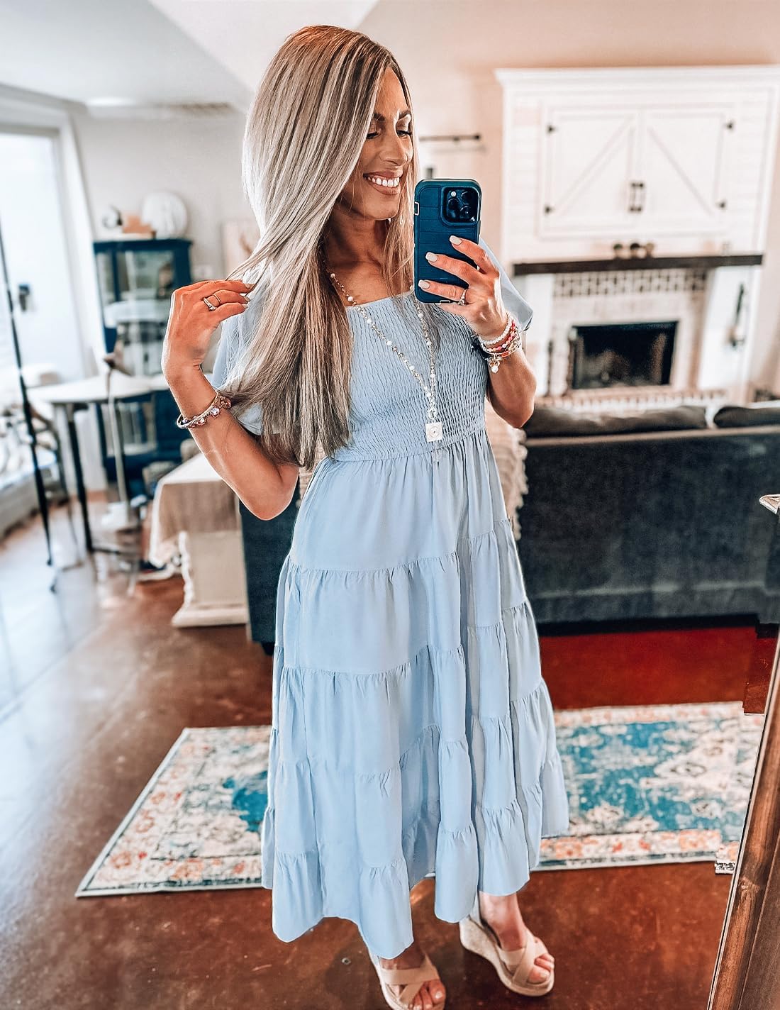 ZESICA Women's 2026 Summer Square Neck Short Puff Sleeve Solid Color High Waist Casual Smocked Flowy A Line Tiered Midi Dress - Image 5