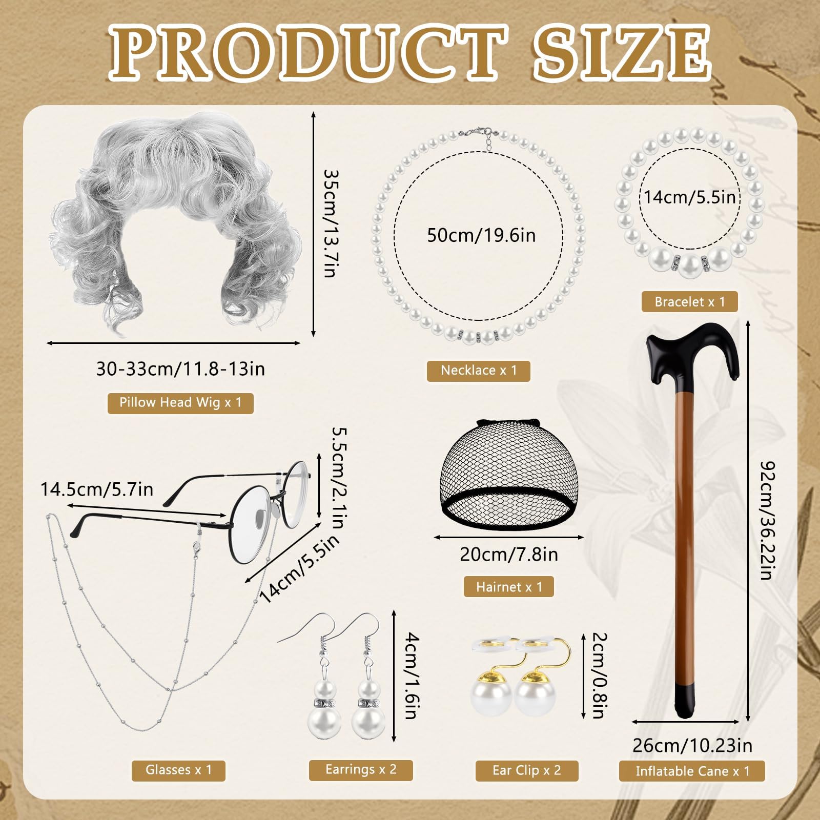8Pcs Old Lady Costume Set,Grandma Fancy Dress with Granny Wig, Wig Cap, Glasses and Chain, Pearl Necklace Jewellery - Image 2