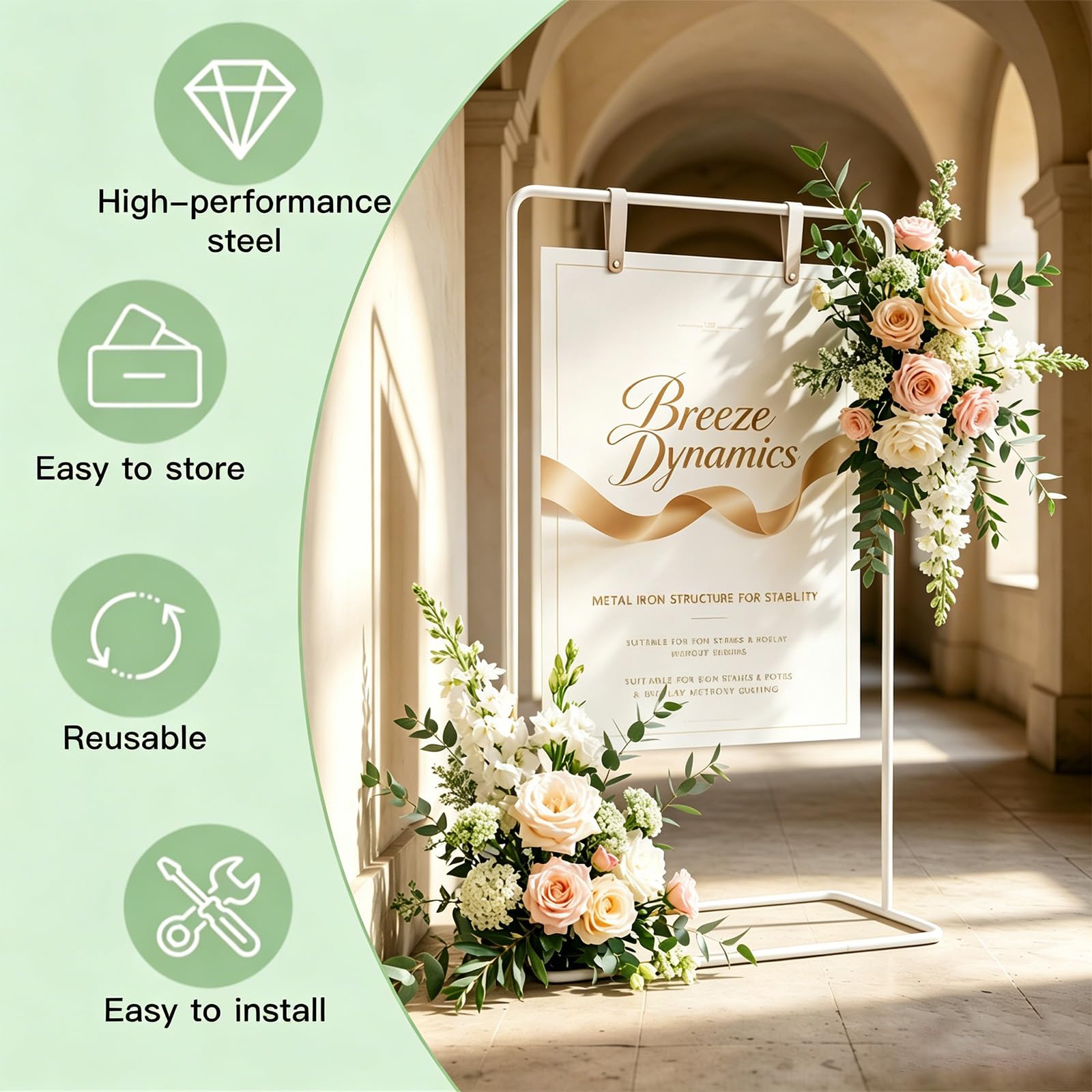 Porta cartello di benvenuto per matrimonio, 80 x 50 x 173 cm, cartello di benvenuto per matrimonio, con 4 cinghie in pelle nera, supporto per matrimoni, poster, piano di seduta, ricevimenti (bianco)