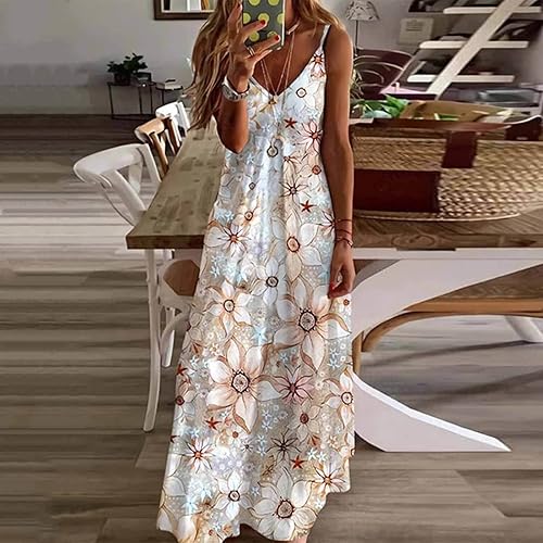 Miniatura 6 de Ceboyel Vestido largo de verano con tirantes delgados florales para mujer, vestido largo de verano con cuello en V, sexy, bohemio, ropa de playa de