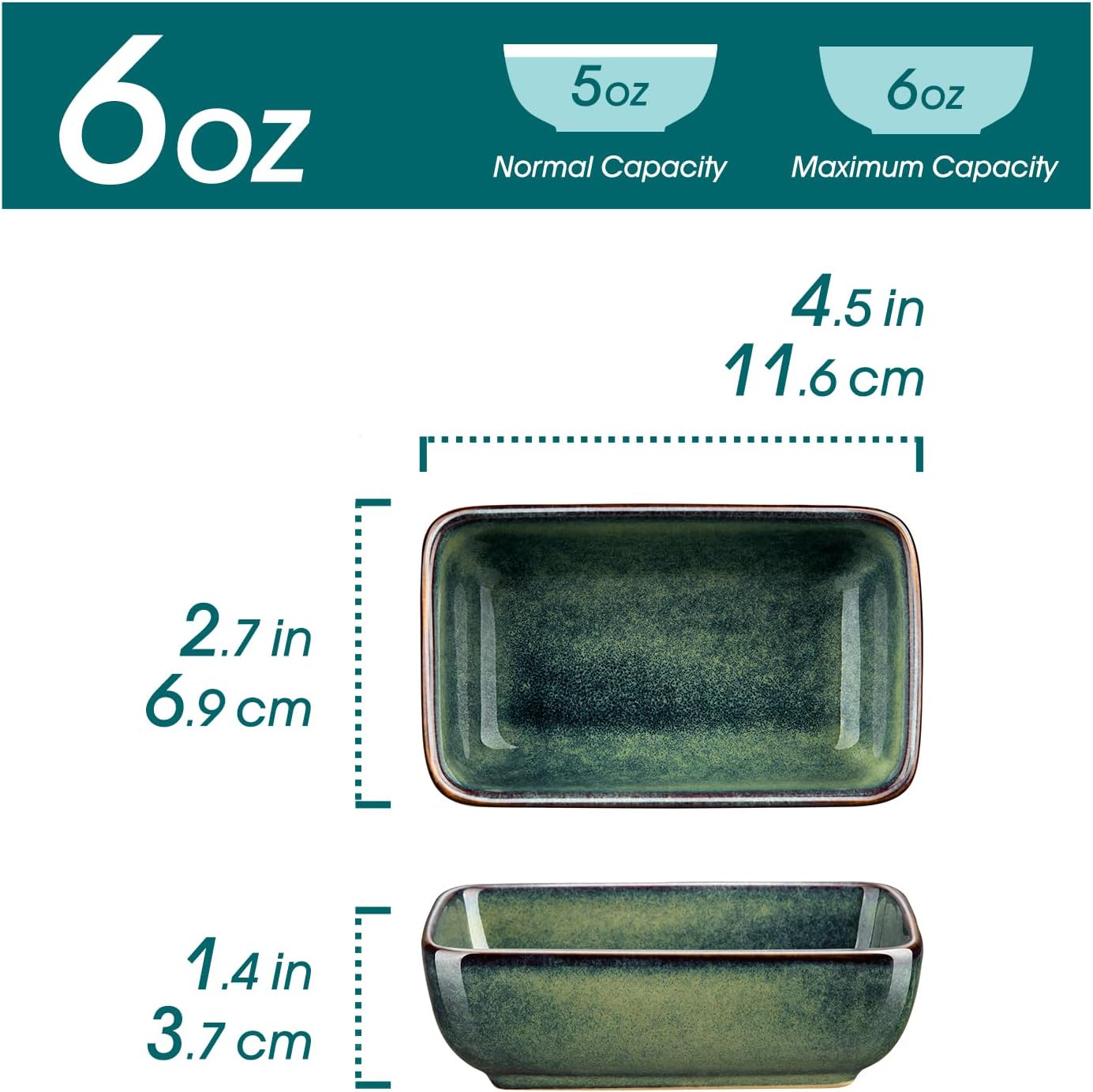 vancasso Stern 6 Oz Dipping Bowls, 4.5 Inches Ceramic Soy Sauce Dish, Rectangular Side Dishes, Small Appetizer Plates Set of 4, Green